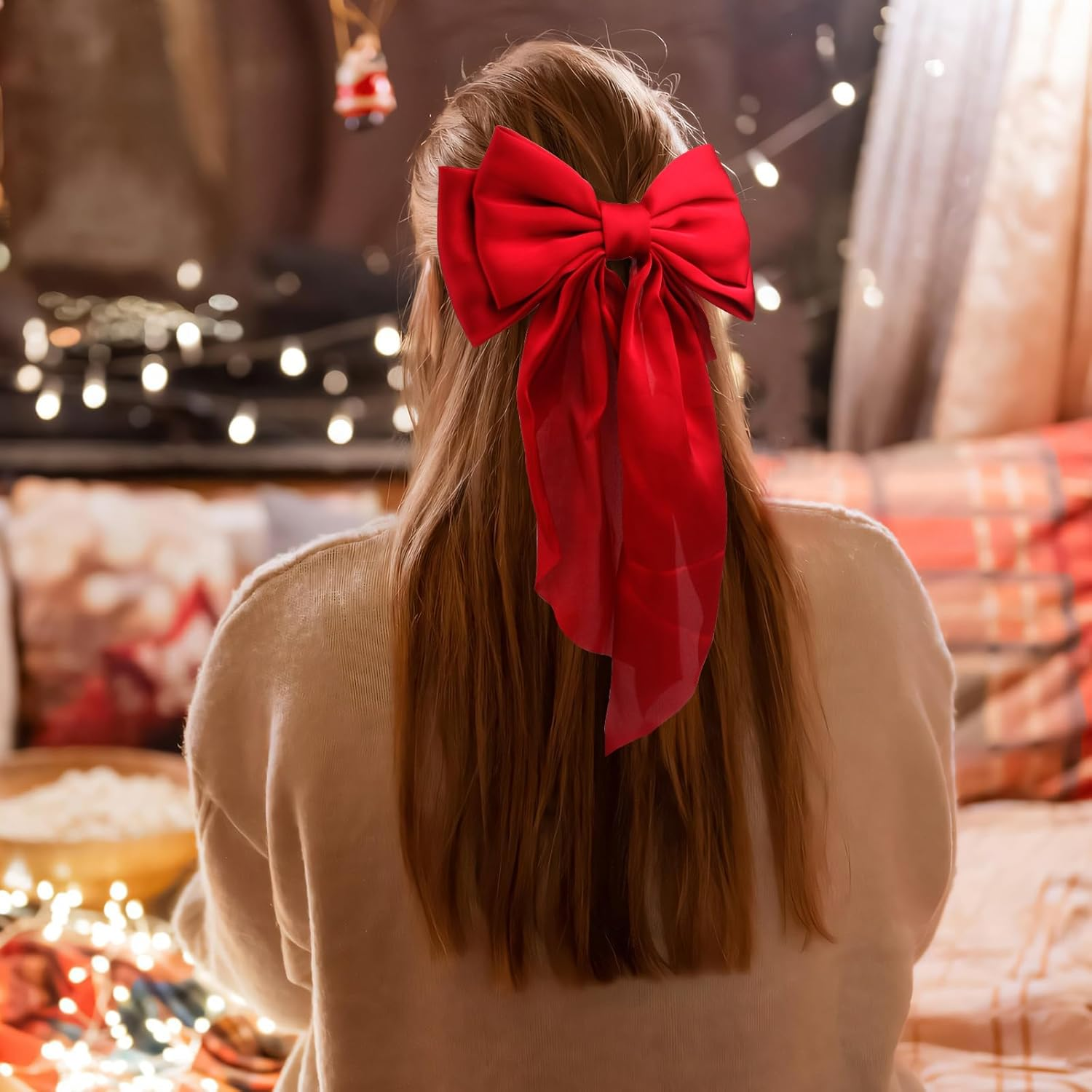 4PCS Big Hair Bows for Women, Large Ribbon Bow Hair Clips,Hair Bow Clips for Bride, Bridesmaid Bowknot Clips for Hair Barrettes Bow Clips (Black,Red,White,Green) image number 3