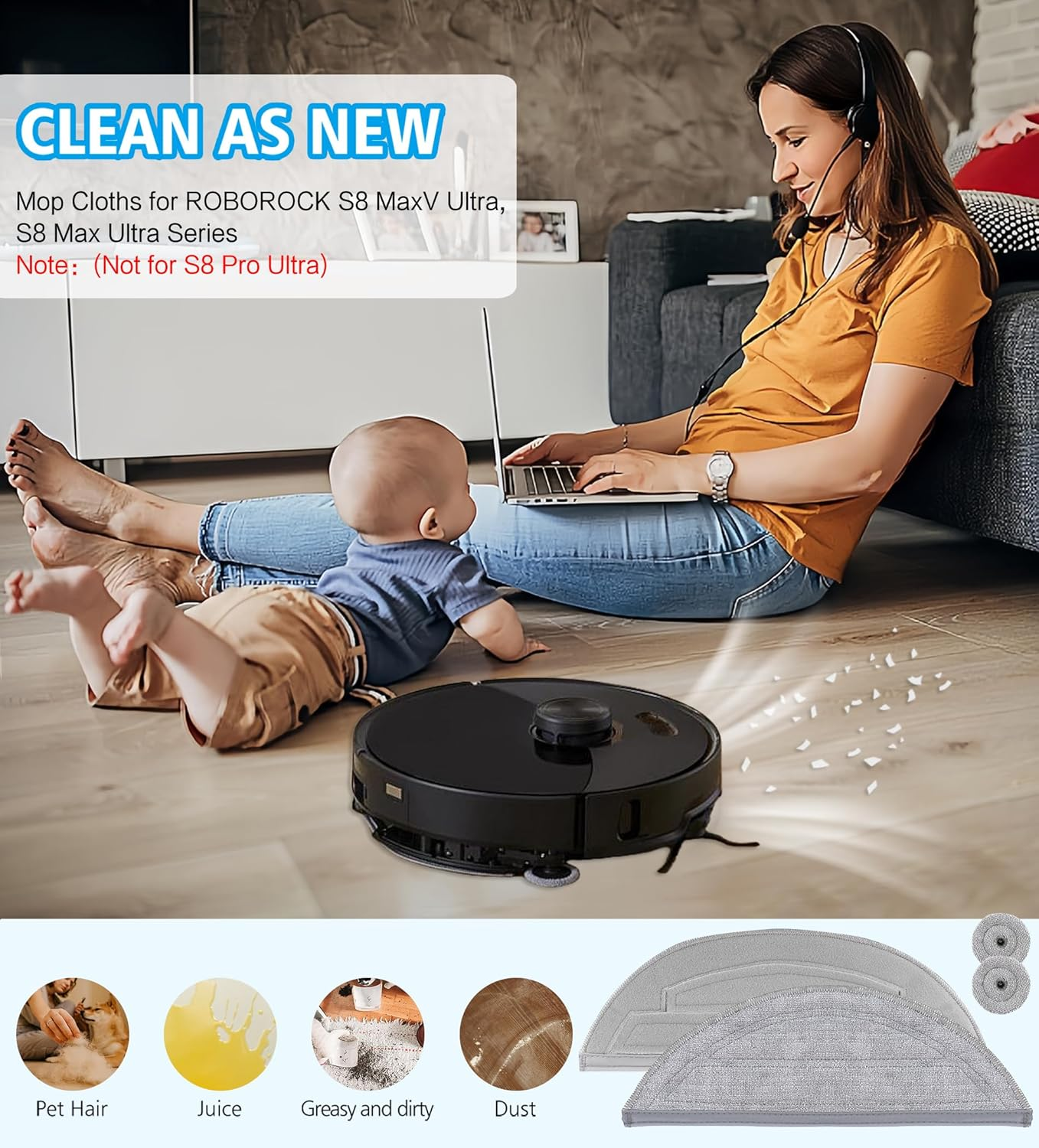 YBVABE Mop Pads Replacement for Roborock S8 Maxv Ultra/ S8 Max Untra Vacuum【Not for S8 Pro Ultra】 16Pack Microfiber Mops Accessories with 8 Dual Oscillating Mop Cloths, 8 Edge Mop Pads image number 4