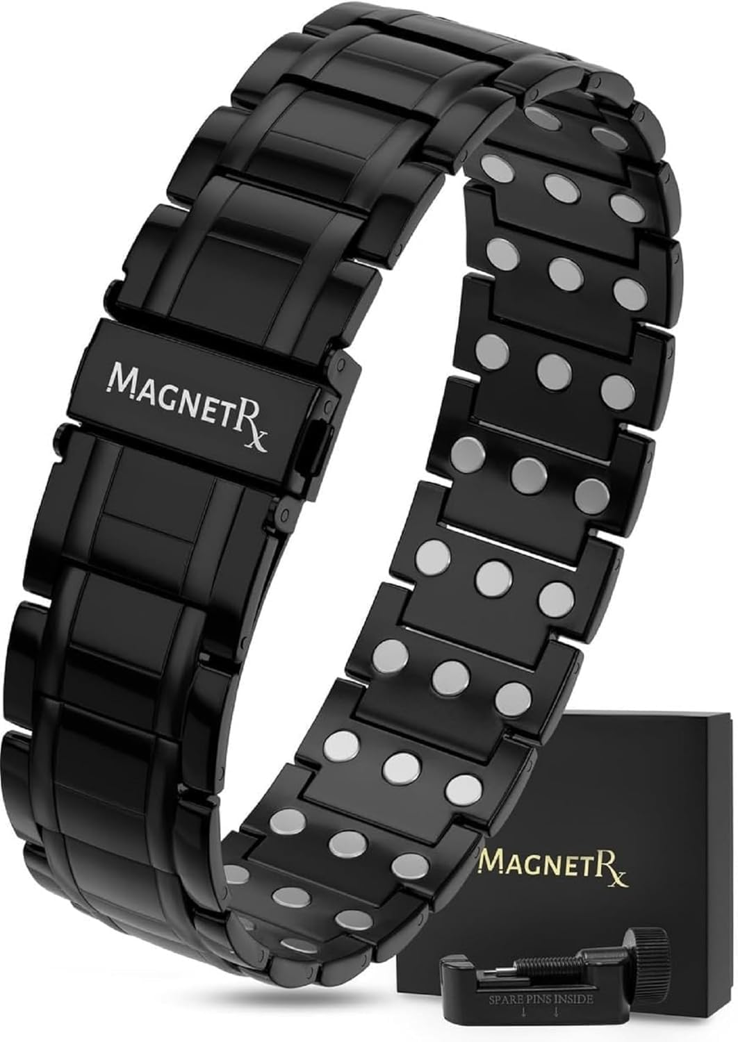 Magnetrx&reg; Magnetic Bracelets for Men - Ellipsemax 5X Strength 5,000 Gauss Magnets - Designed in USA & Patent Pending - Premium Titanium Mens Magnetic Bracelet & Adjustable Length (Black)