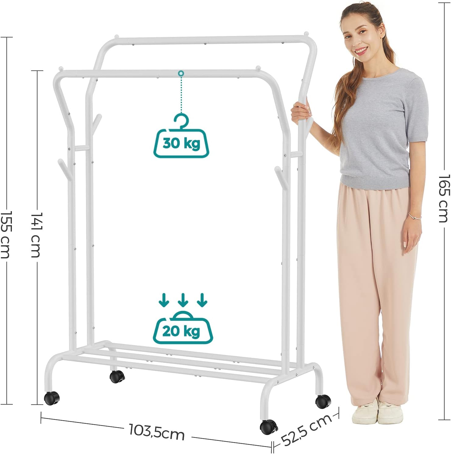 SONGMICS Clothes Rail, Clothes Rack, Double Clothes Hanging Rail, Heavy-Duty Metal Frame, with Wheels and Shelf, 100 Kg Total Max. Load, 103.5 Cm Wide, Clothing Storage, White HSR107W01 image number 1