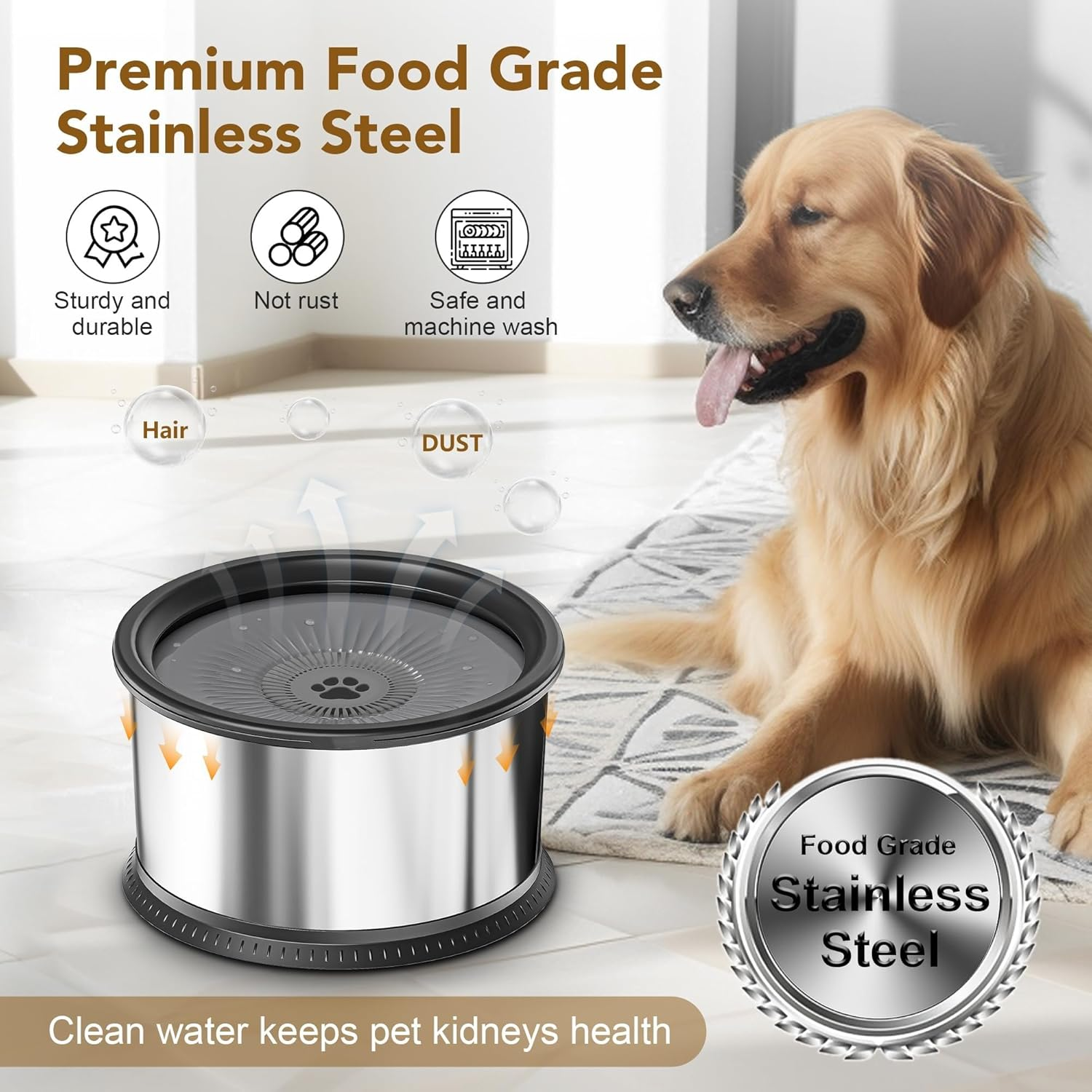 3.5L Dog Water Bowl, Large Capacity No Spill Dog Water Bowl, Stainless Steel Spill Proof Slow Water Feeder, No Splash Water Bowl, with Anti-Slip Mat for Messy Drinkers, Grey. image number 2