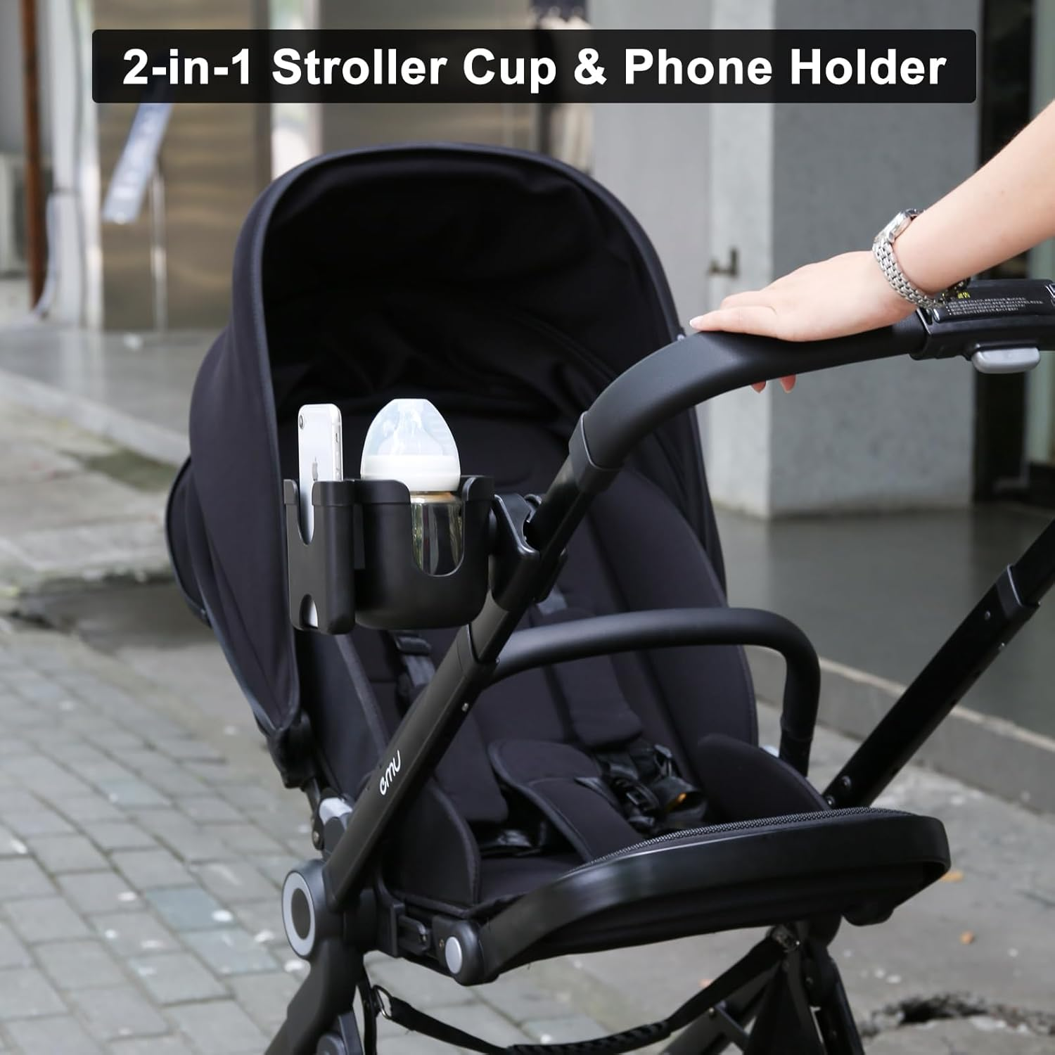 2-In-1 Stroller Cup Holder with Phone Holder, 360&deg; Rotable Organizer for Pram, Bike, E-Bike, Scooter, Wheelchair, Walker, Compatible for Different Bodys of a Cup, like Baby Bottle, Drinks