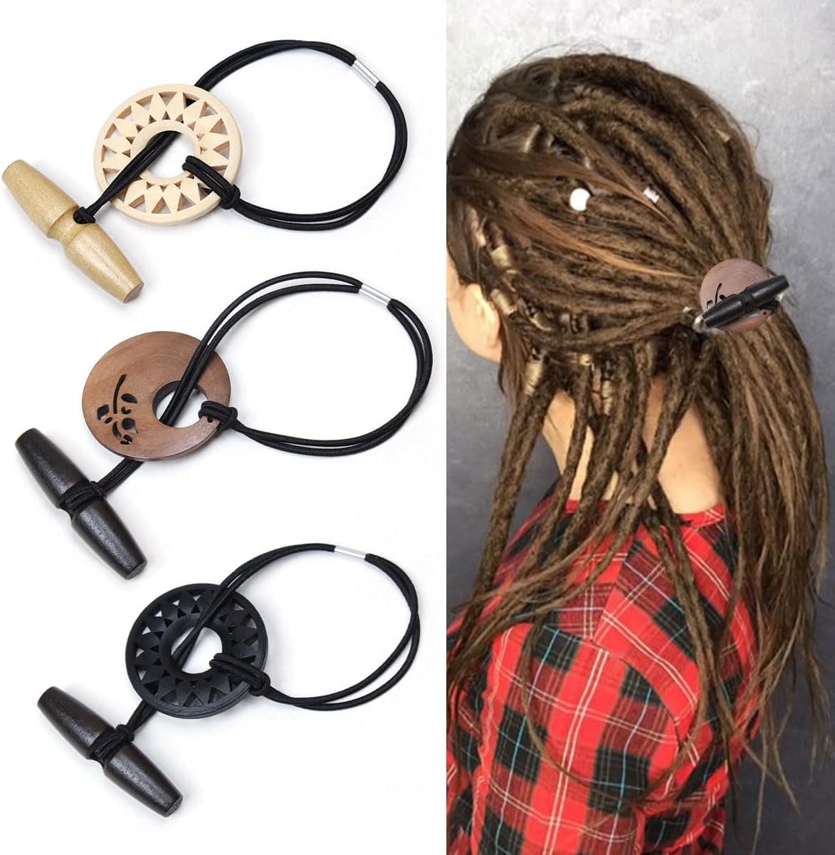 Kraler 3 Pcs Dreadlock Hair Ties for Thick Hair, Elastic Loc Bands with Hand-Carved Wooden Toggle, Boho Style Hair Accessories（White Brown Black）