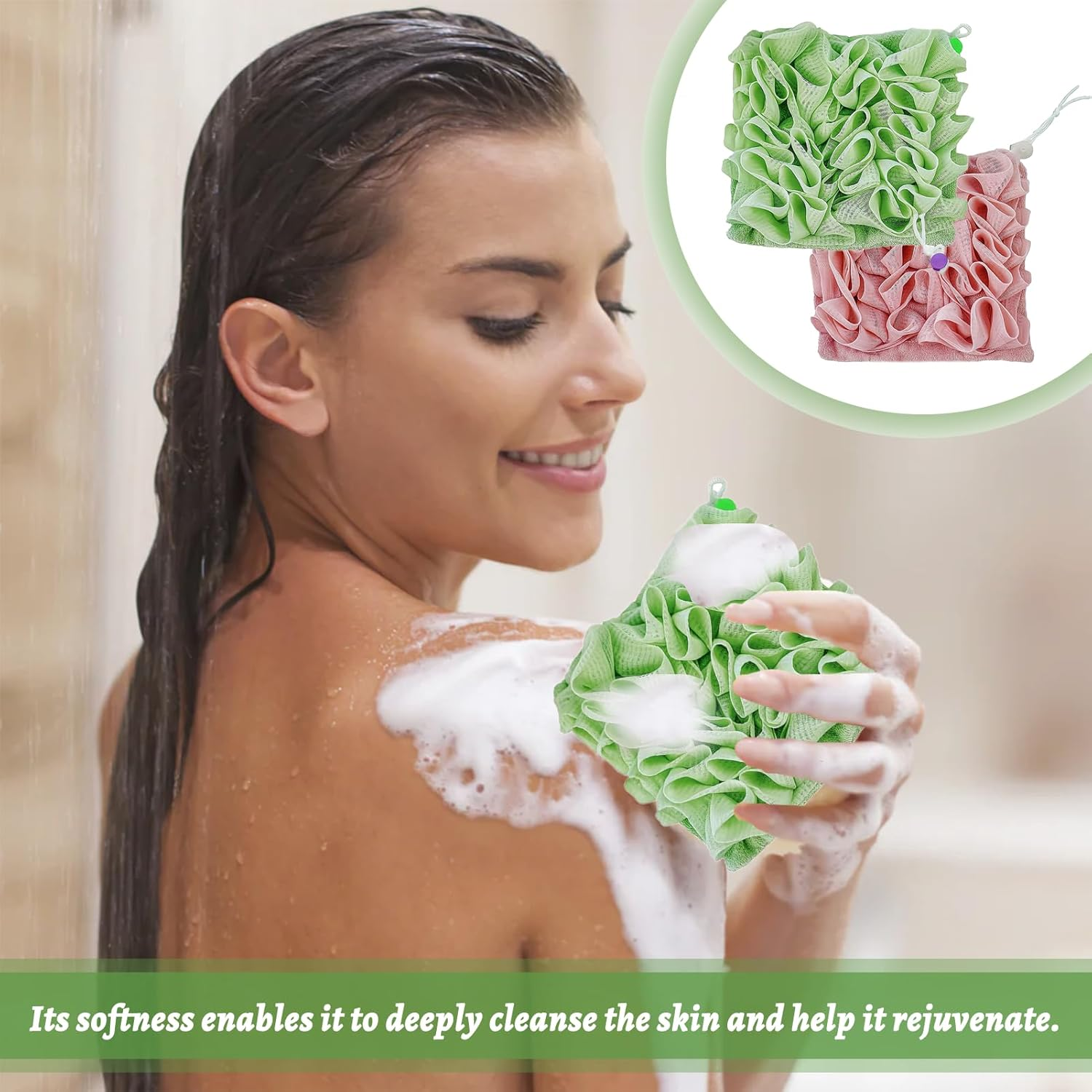 2Pcs Loofah Cloth for Bar Soap,2-In-1 Shower Washcloth Loofah Washcloth Pink and Green, Bar Soap Pouch for Cleansing and Smooth Skin image number 1