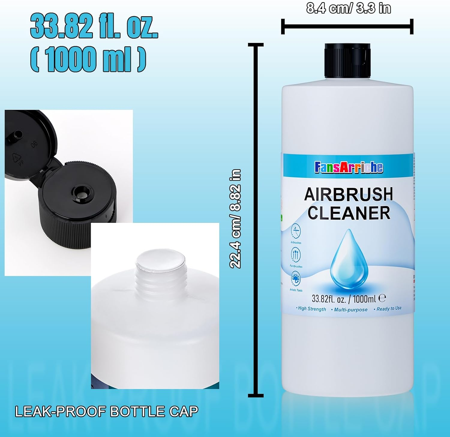 Fansarriche Airbrush Cleaner, 33.82 Oz Air Brush Cleaning Solution for Water-Based Acrylic Color Paints, Quickly Clean Clogged Airbrushes, Paint Brushes, Art Tools