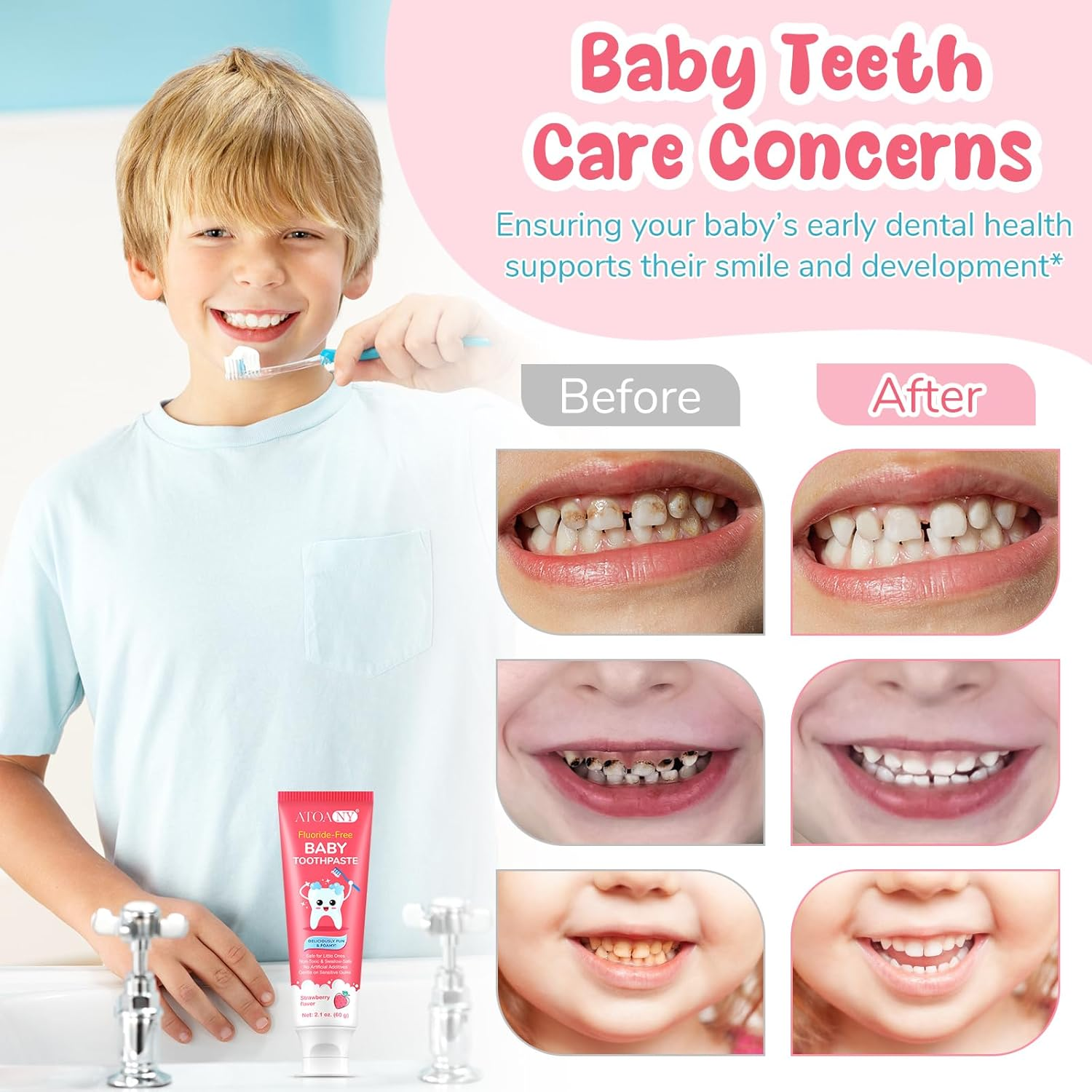 Mild Fruit Flavour Kids Toothpaste 2.1Oz, Fluoride-Free Baby Teethpaste, Natural Children'S Toothpaste, No Artificial Additives, Safe for Ages 2 and up (Strawberry Flavour 60G) image number 3