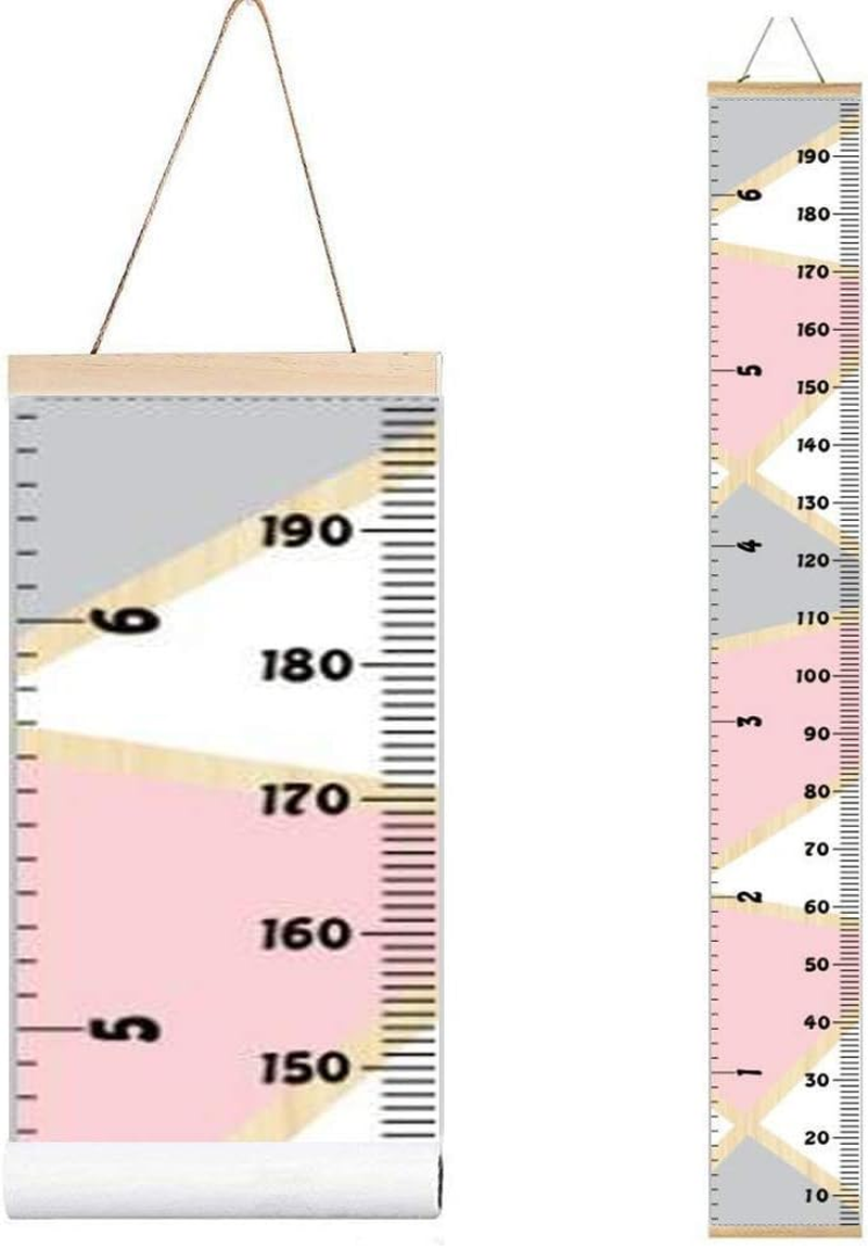 Minomia Kids Growth Chart, Wood Frame Fabric Canvas Height Measurement Ruler from Baby to Adult for Child'S Room Decoration 7.9 X 79In (7.9 X 79In, Pink & Grey)