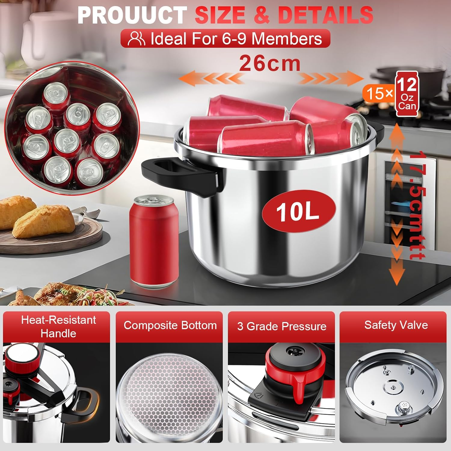 3-In-1 Stainless Steel Pressure Cooker 10 Litre: [Save 70% Time] [3 PSI Settings], One-Hand Locking, Induction Compatible, Gas Stovetop Compatible, Glass Lid & Steamer Rack Included, Olla De Presion image number 6