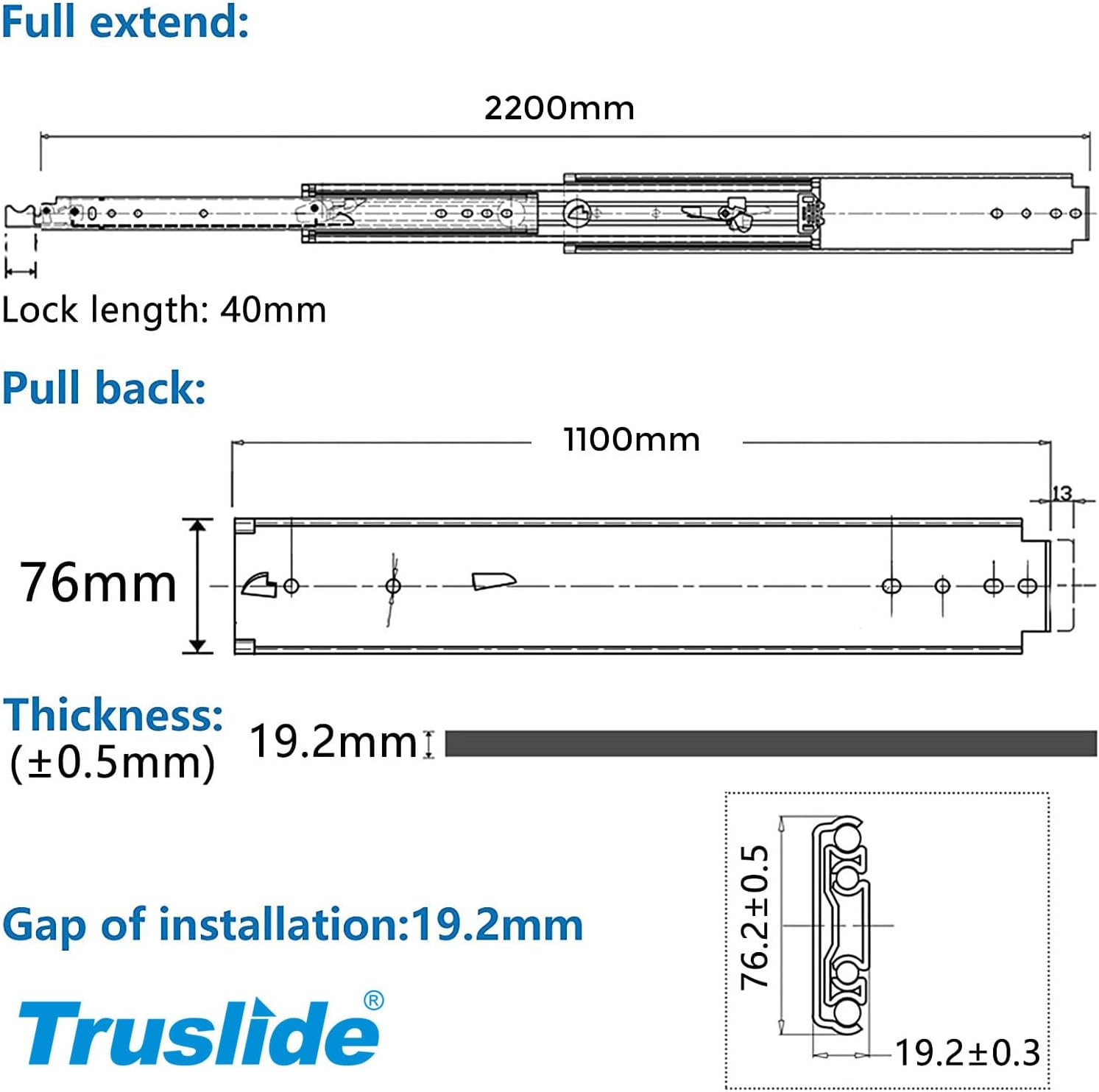 TRUSLIDE&reg; Locking Drawer Slides 227KG Heavy Duty Draw Slide (1100Mm (2200Mm Extended)) image number 2