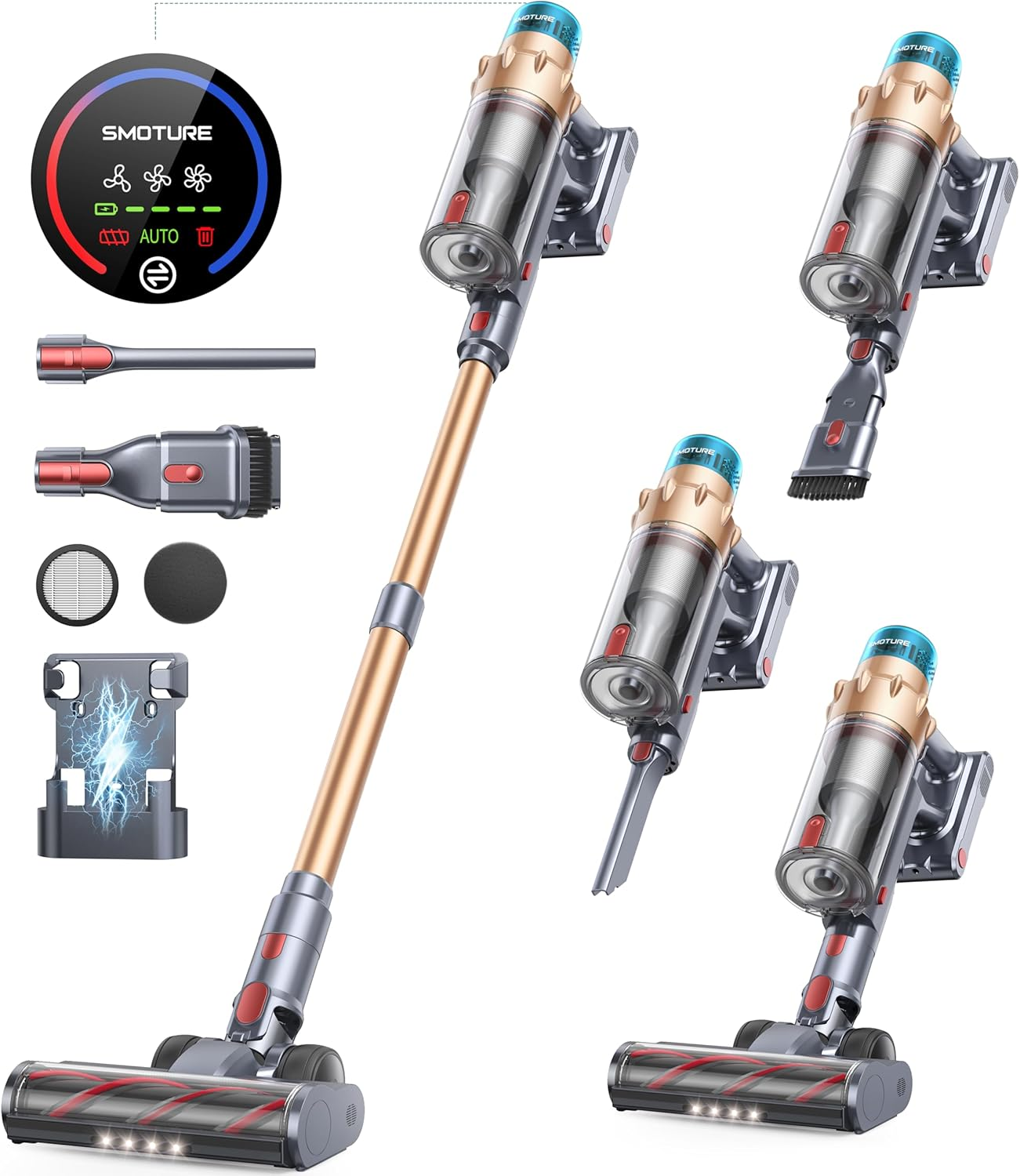 SMOTURE 50KPA 600W Cordless Vacuum Cleaner, 65Mins Runtime, Self-Standing Stick Vacuum with Aroma Function, Auto Mode, Wall Mount Charging, Touchscreen, Anti-Tangle Vacuum for Pet Hair/Floor/Carpet image number 1