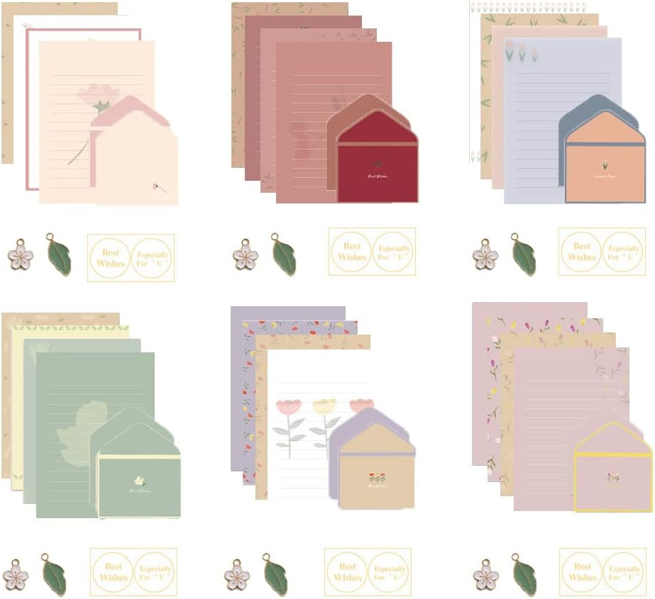 72 Pcs Stationary Writing Paper and Envelopes Set, 24 Sheet Floral Letter Paper 12 Pcs Matching Envelopes Cute Lovely Stationery Lined Writing Paper for Girls Boys Office School Supplies 6 Style image number 4