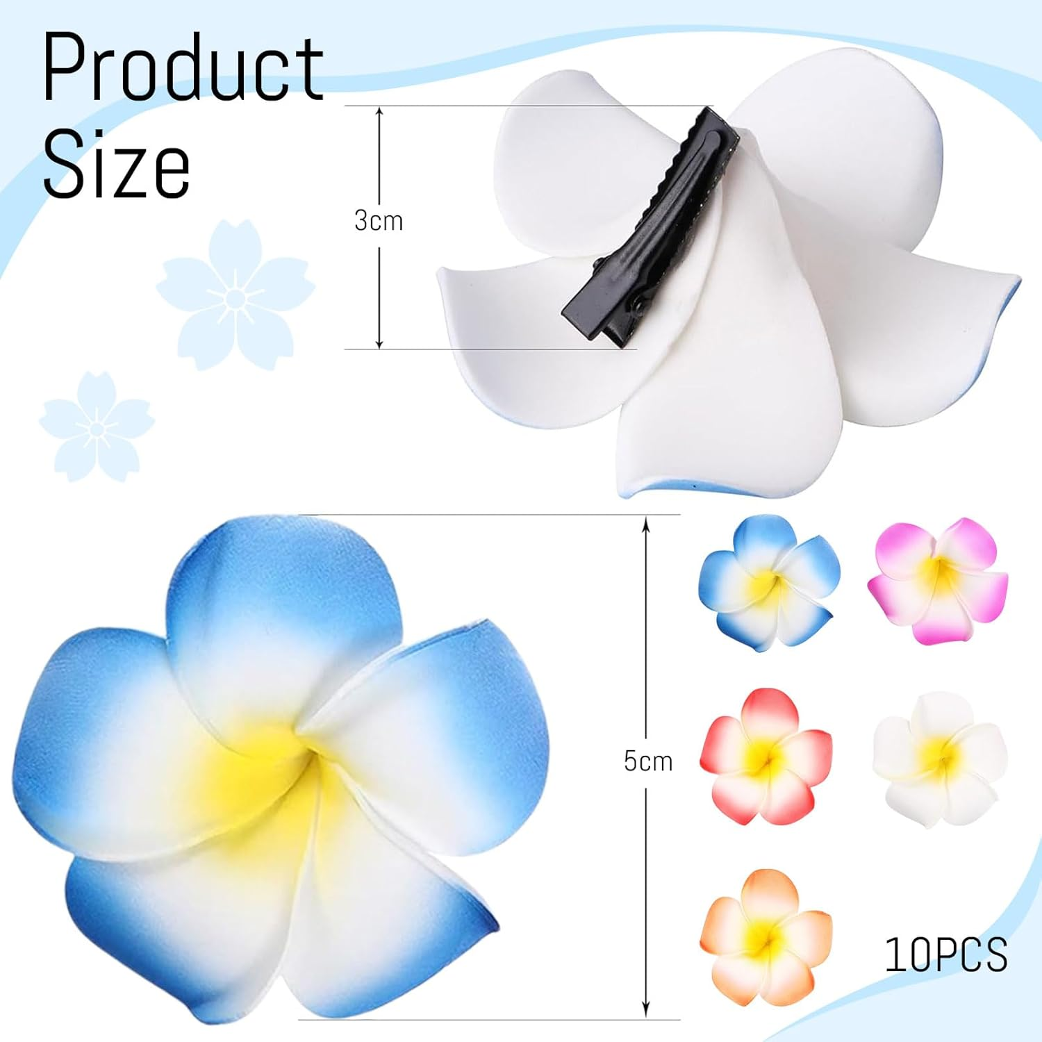 Mezrkuwr Pack of 10 Hawaii Flower Hair Clips, Flower Hair Clip, Hawaiian Plumeria Hair Clip, Beach Flower Headwear for Wedding Parties for Women Girls Gift image number 3