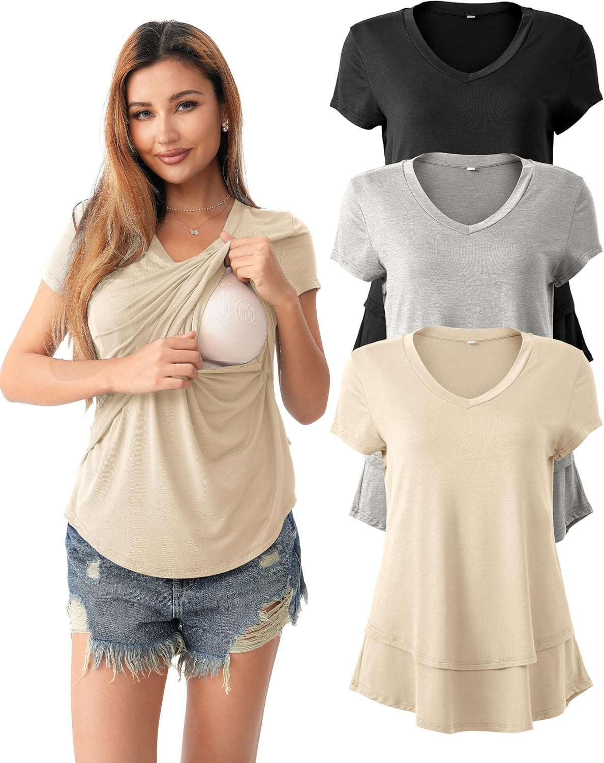 SUNNYBUY 3 Pack Hidden Nursing Tops for Breastfeeding Women Double Layer V Neck Maternity Shirts Postpartum Tee