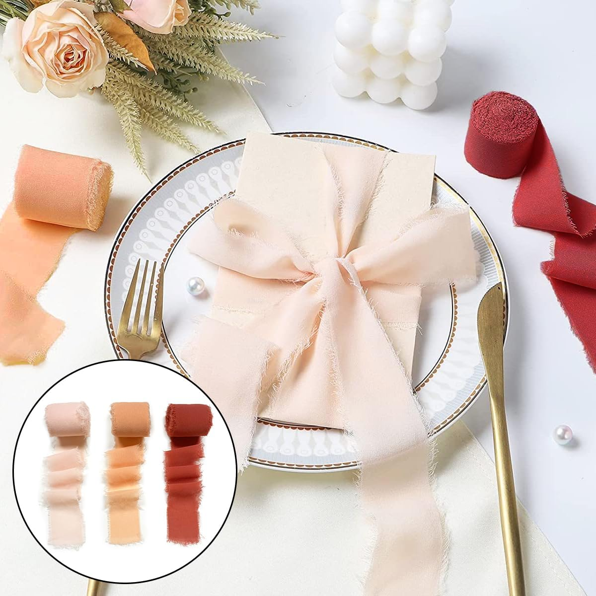 Chiffon Ribbons, 3 Rolls Handmade Fabric Chiffon for Wedding Invitation, Flower, Bouquet, Gift Wrapping, DIY Crafts (4Cm X 5M/1.57In X 16Ft) image number 1