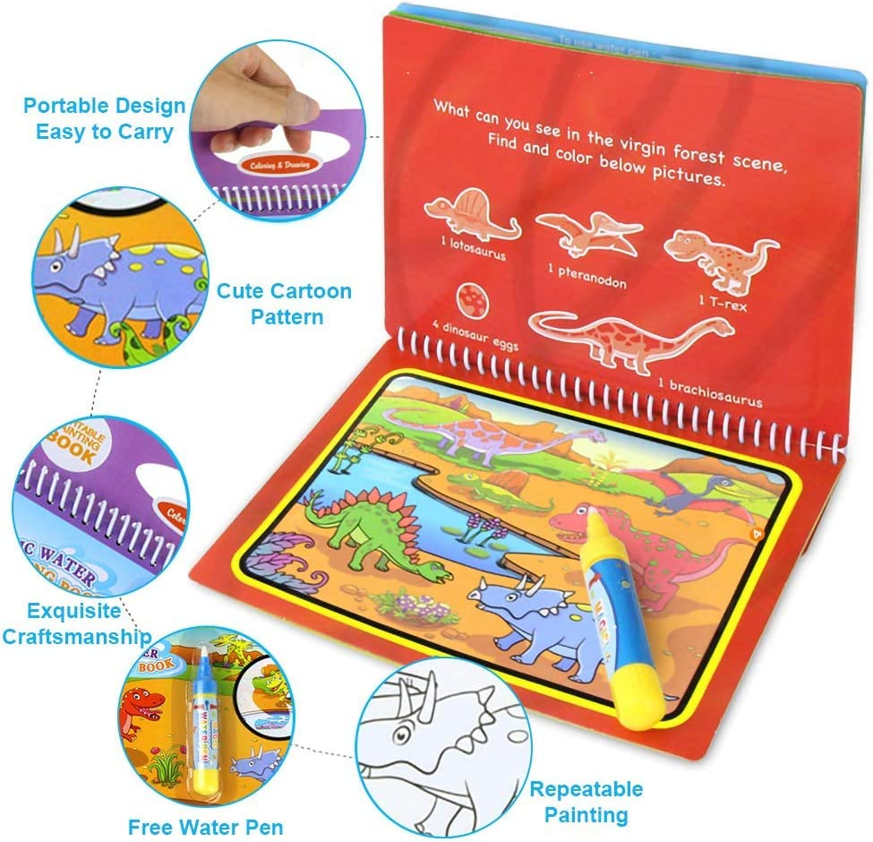 Jenilily Water Coloring Books with Pen Painting Board for Children Drawing Toy (Dinosaur & Cartoon Animal & Vehicle) image number 2