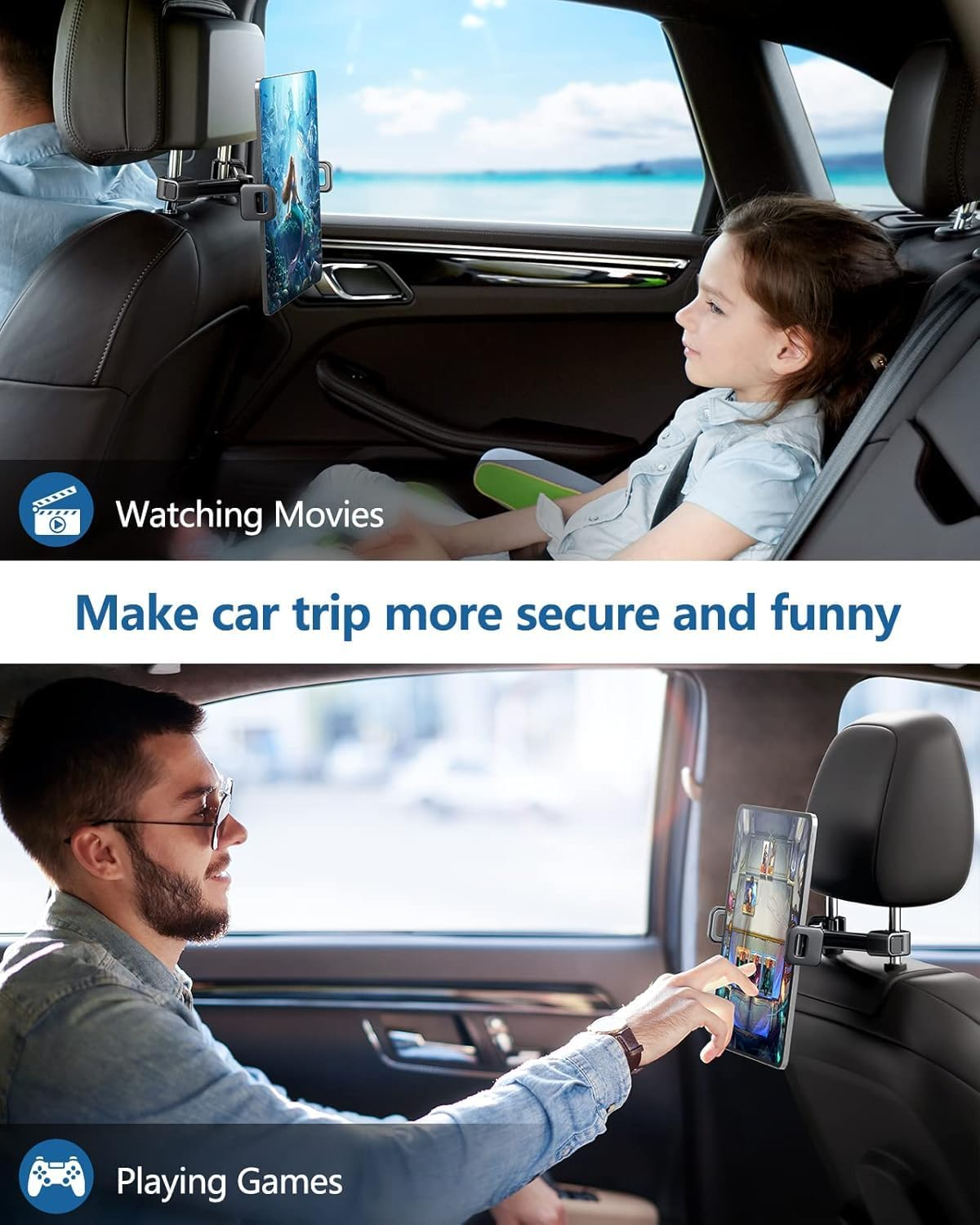 Car Headrest Backseat Mount,Phone/Tablet Car Holder,360&deg;Rotation,Solid & Steady,Car Trip Essentials,Adjustable Back Seat Tablet Holder,Compatible for All 5"-10" Tablets,Ipad,Cellphones, image number 3