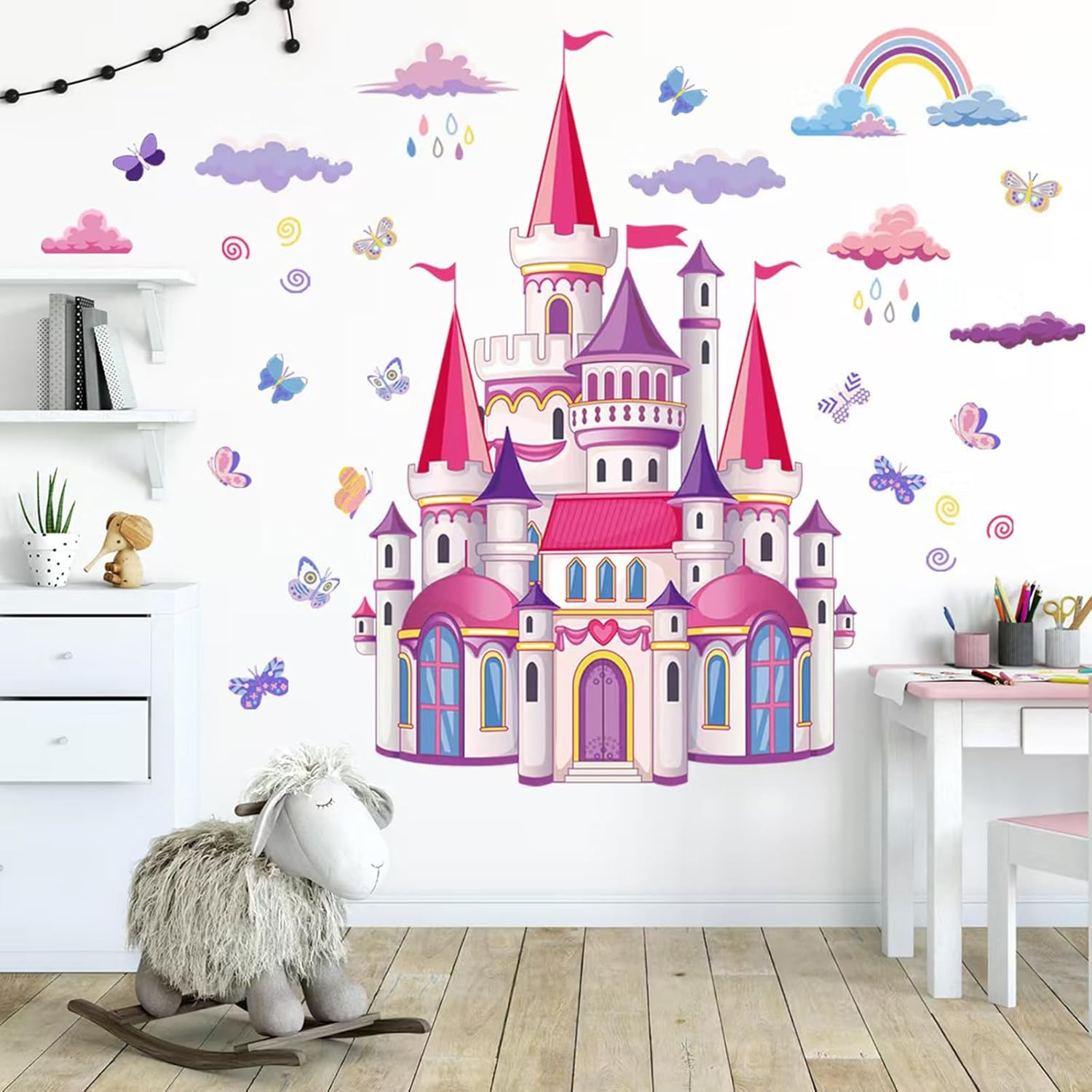 Castle Wall Stickers Room Decor, Rainbow Cloud Fairy Tale Princess Castle Wall Stickers Removable Wall Murals Peel and Stick Kids Toddler Wall Art Wallpaper Living Room Nursery Playroom image number 4
