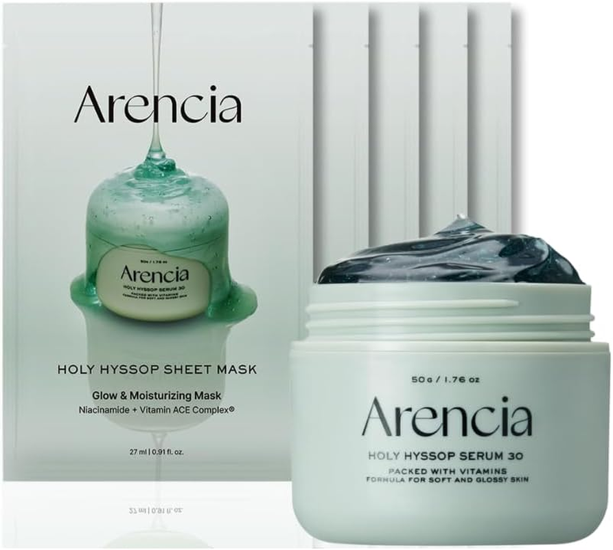 Holy Hyssop Glow Sheet Masks (5Pcs) & Serum 30 (50G) Set - Glass Skin Duo, Vitamin ACE Complex, All Skin Types, Brightening and Anti-Aging, Face Care, Green Musk, French Hyssop, Gel-Cream. Korean Beauty Skin Care Promotion Set for Arencia image number 2