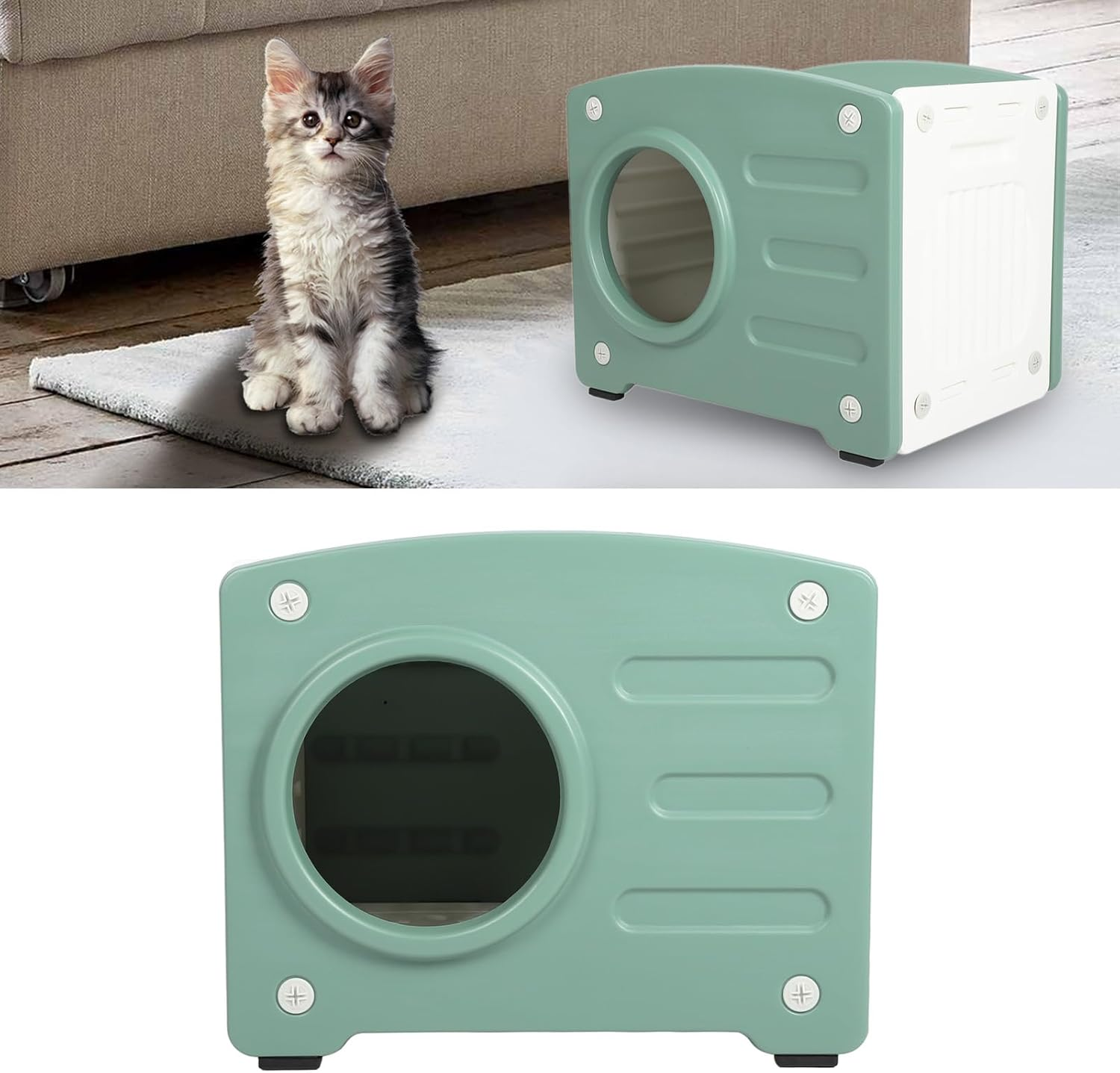 Outdoor Cat House, Rainproof Weatherproof Enclosed Feral Cat Shelter for Four Seasons, Large Space Plastic Multipurpose Indoor Pet House with 3 Vents for Small Dogs Cats (Green)