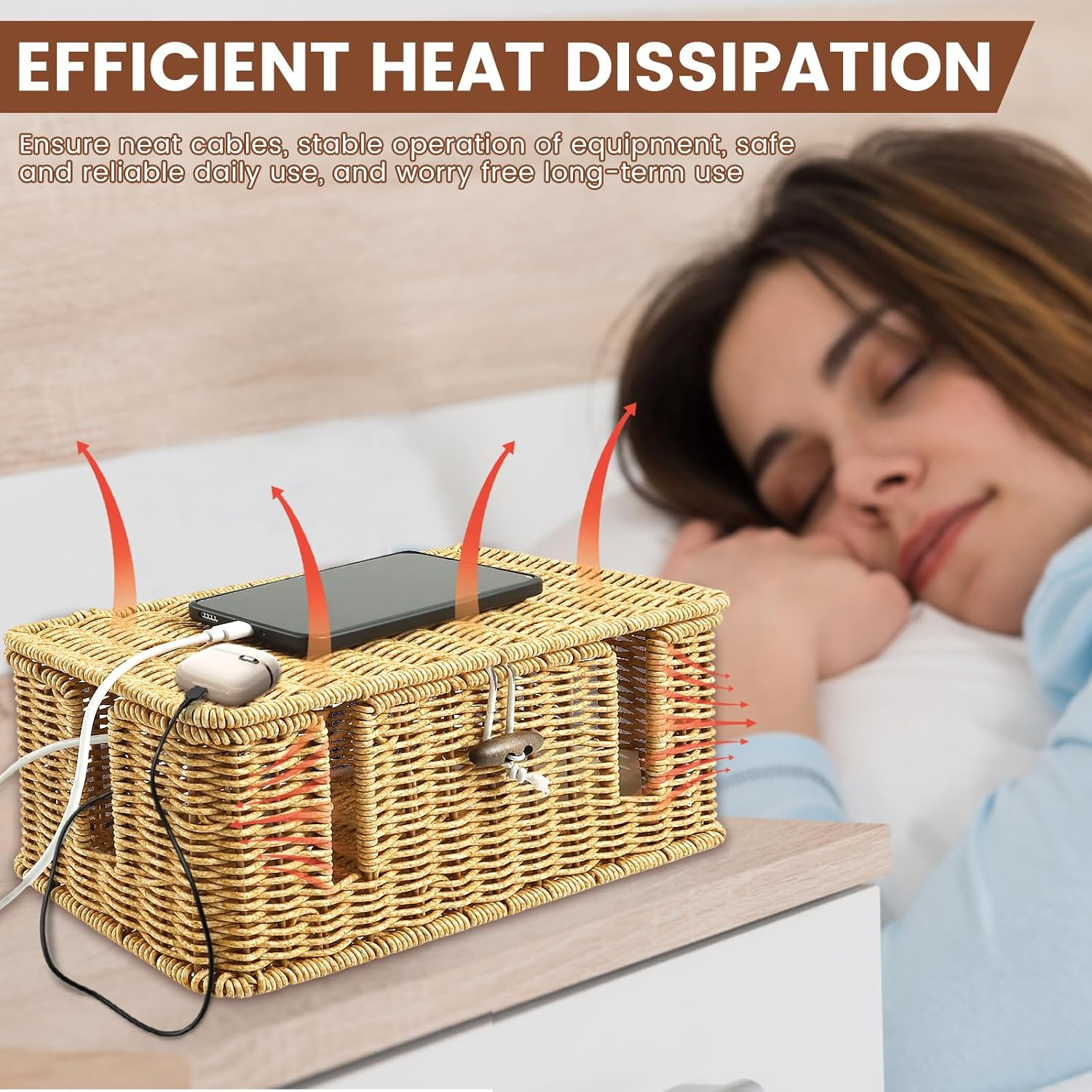 Handmade Rattan Cable Management Box,3 Open Slots Cords Hider Boxs, Safe Practical Cords Holder Functional Cable Organizer Solid under Desk Cord Hider Box for Home Using