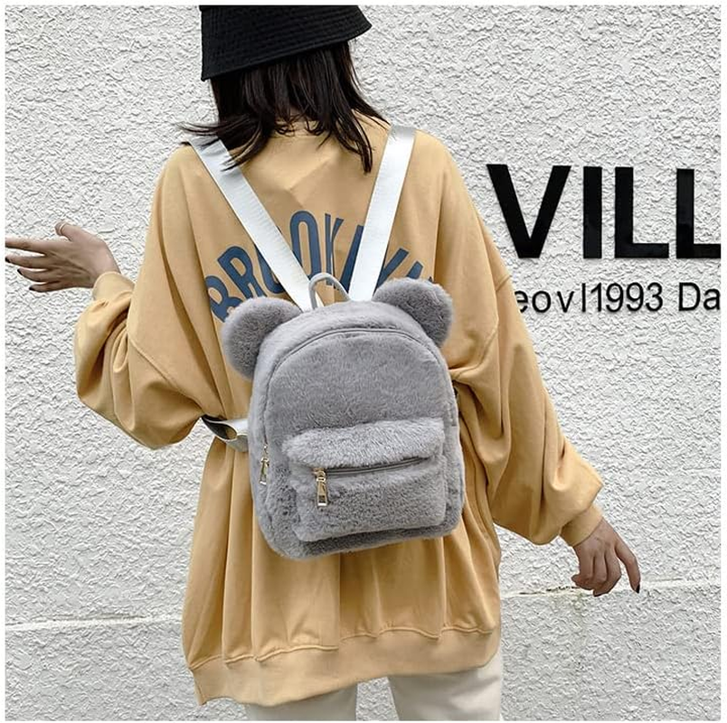 Cute Fuzzy Bear Ears Backpack Kawaii Soft Fluffy Casual Daypack Mini Shoulder Bag Purse for Girls - Grey image number 6
