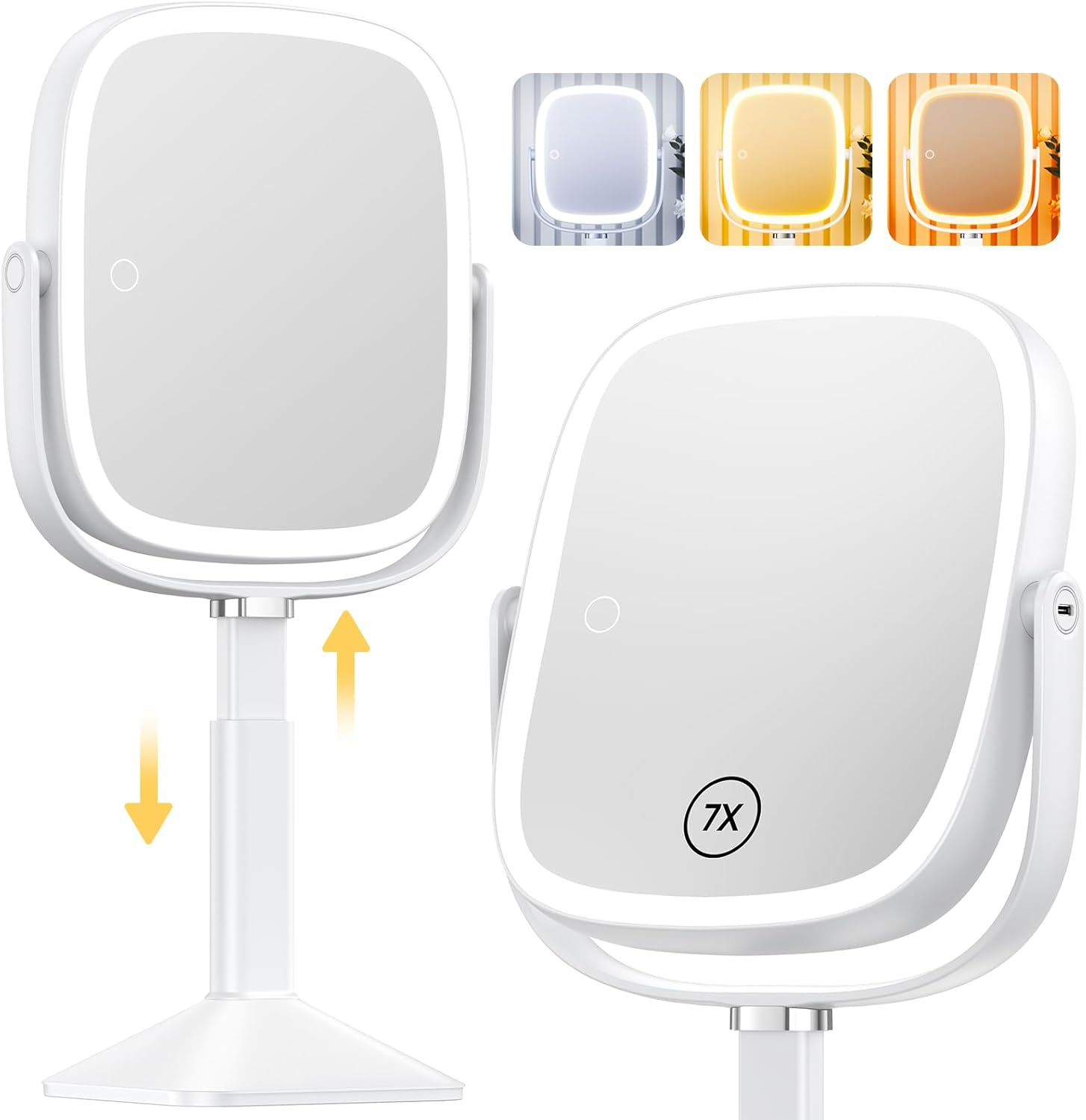 Gospire Rectangle Lighted Makeup Mirror with Magnification, 10X Magnifying Mirror with Lights 3 Color, Height Adjustable and 4000Mah Battery for Bedroom Bathroom, Large Surface for Women or Men- White