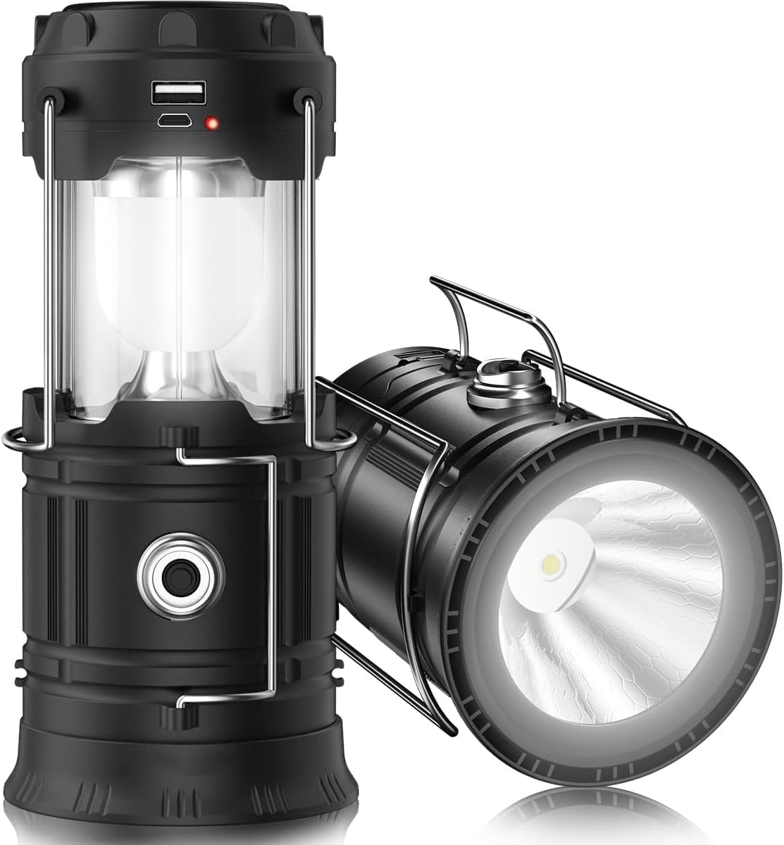 2025 Upgrade Solar Powered Camping Lantern, Flashlights Charging for Phone, USB Rechargeable LED Camping Lantern, Collapsible & Portable for Emergency, Hurricanes, Power Outage, Storm (Black*1) image number 2