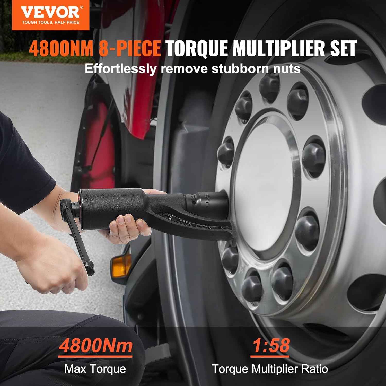 VEVOR Torque Multiplier, 1 Inch Drive Lug Nut Wrench/Multiplier Heavy Duty Torque Multiplier Wrench Set, 1:58 4800N.M Lug Nut Remover, Includes 8 Sockets (24-38Mm) and Storage Case image number 2
