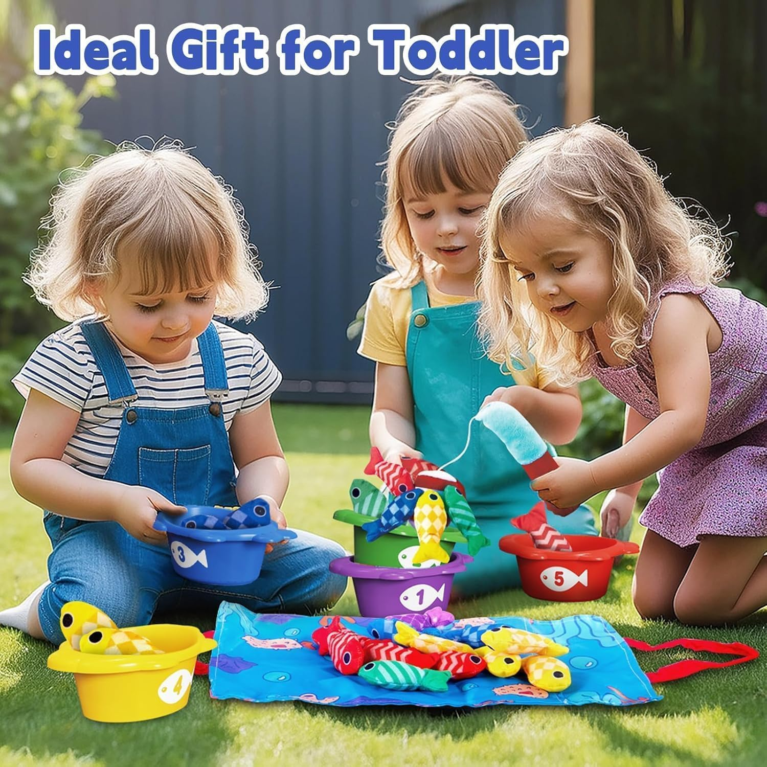 Toddler Toys Montessori Toys for 1 Year Old Boy Girl Birthday Gift -10 in 1 Cloth Fishing Game for Toddler 1-3 with Stacking Cups- Number Counting, Color Sorting, Shape Learning image number 1