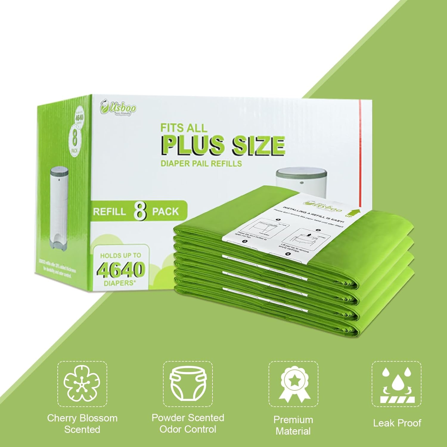 Refills Compatible with Dekor plus Diaper Pail Refills | 8 Pack | Disposable Diaper Pail Liners | Reinforced Thickness | Quick & Easy to Replace | Cherry Blossom Scented | Holds up to 4640 Diapers image number 3