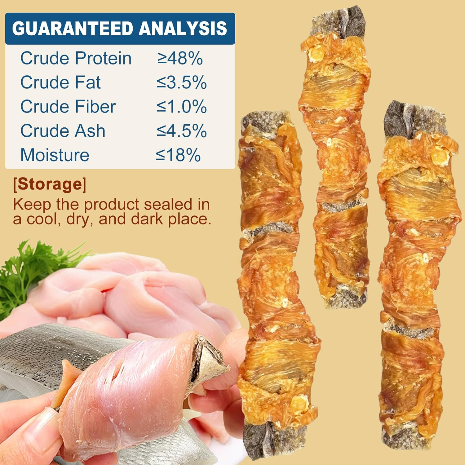 Chicken&Cod Skin Wraps Stick, High Protein Dog Treats, Healthy Chews Teeth Cleaning for Large Medium Small Pets No Additives & Preservatives (150Gram/5.29 OZ) image number 5