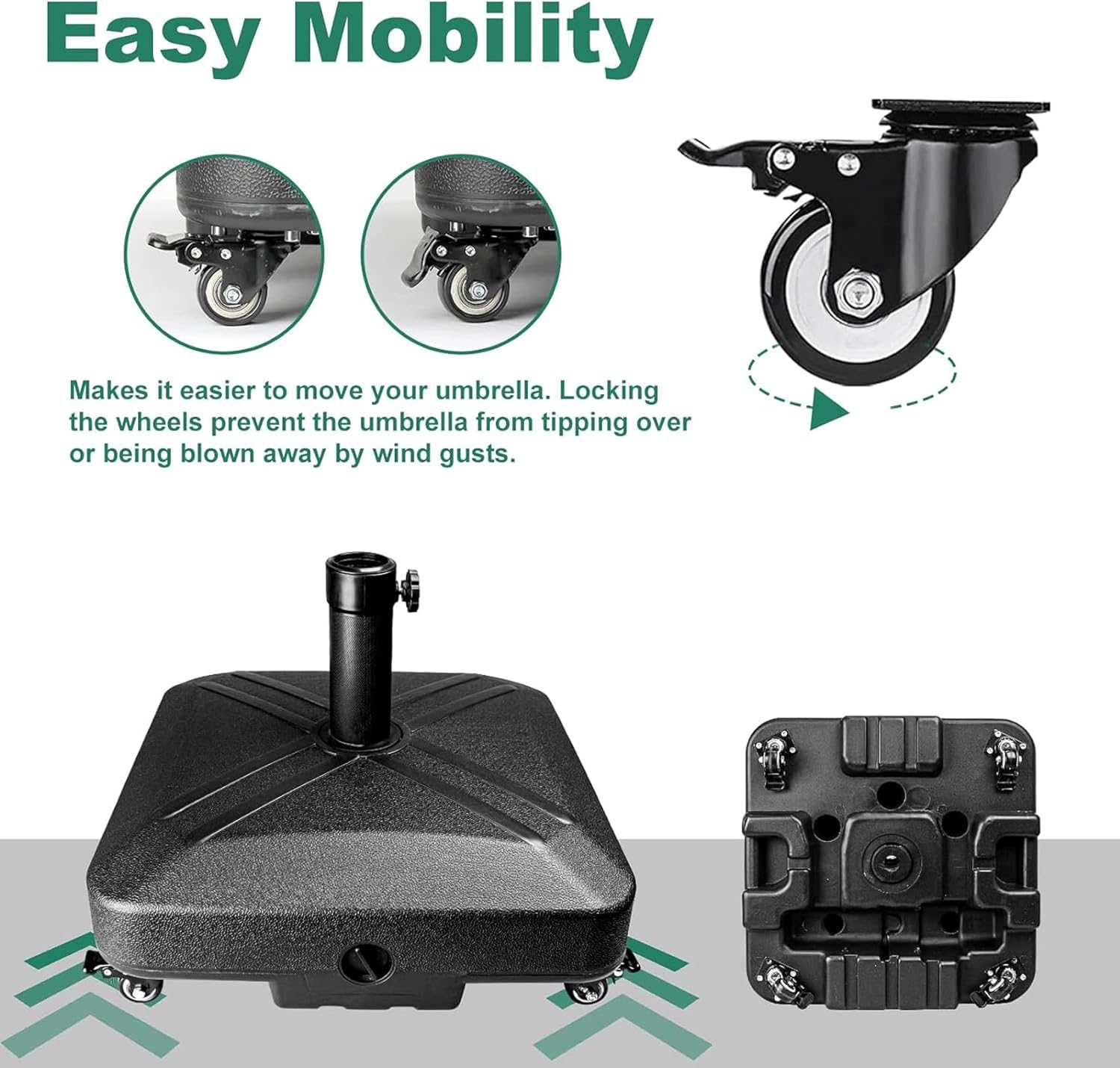 Umbrella Base with Wheels, Market Umbrella Stand for Outdoor Patio Deck Poolside Garden, 35Kg Capacity, 48 * 48 * 39Cm Black