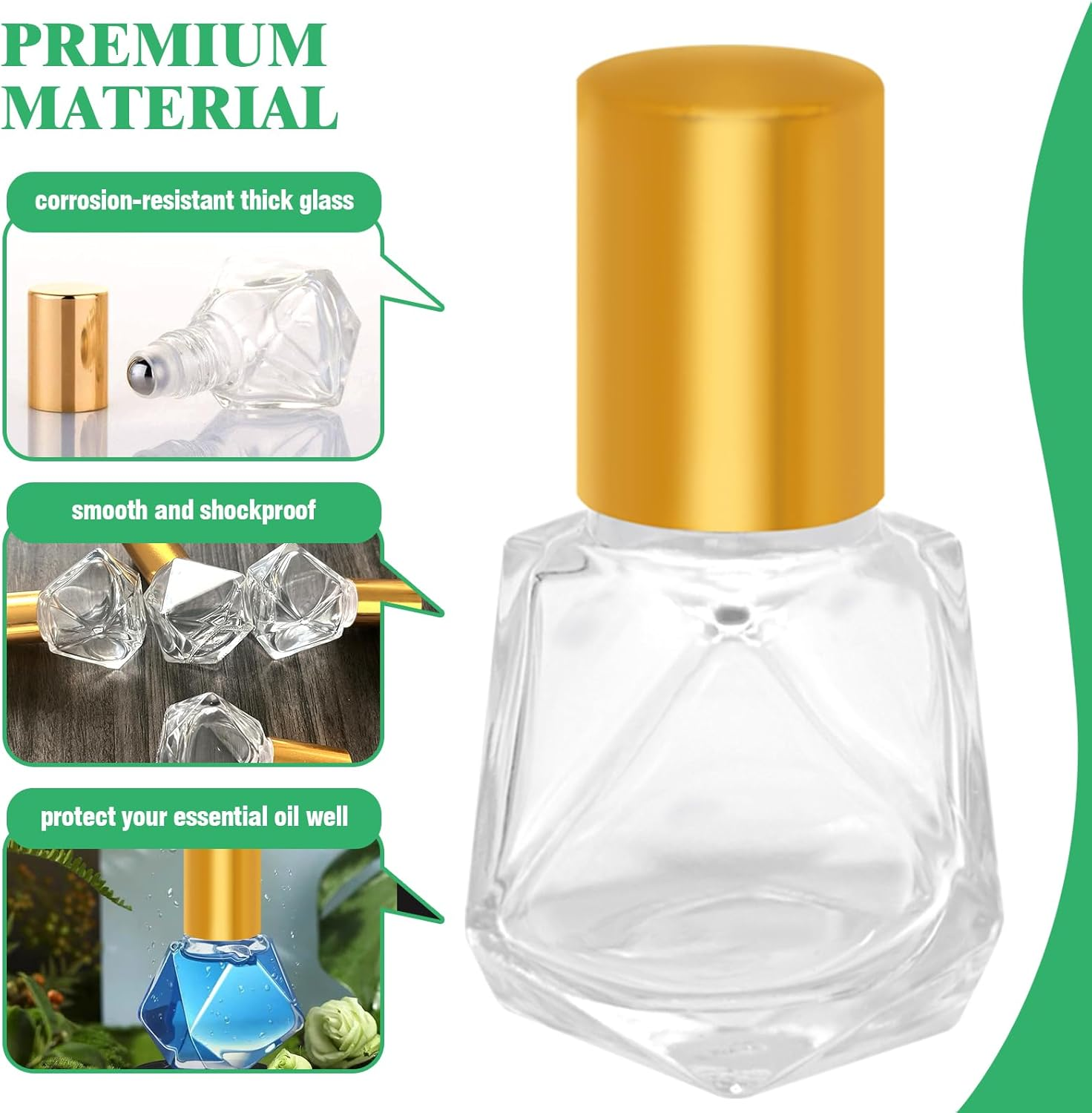 Yauhar 30Pcs 8Ml/0.27Oz Travel Essential Oil Roll on Bottle with Stainless Steel Ball Gold Cap Set Contains Polygonal Clear Glass Roller Bottle, Openers, Droppers, Funnels and Labels image number 2