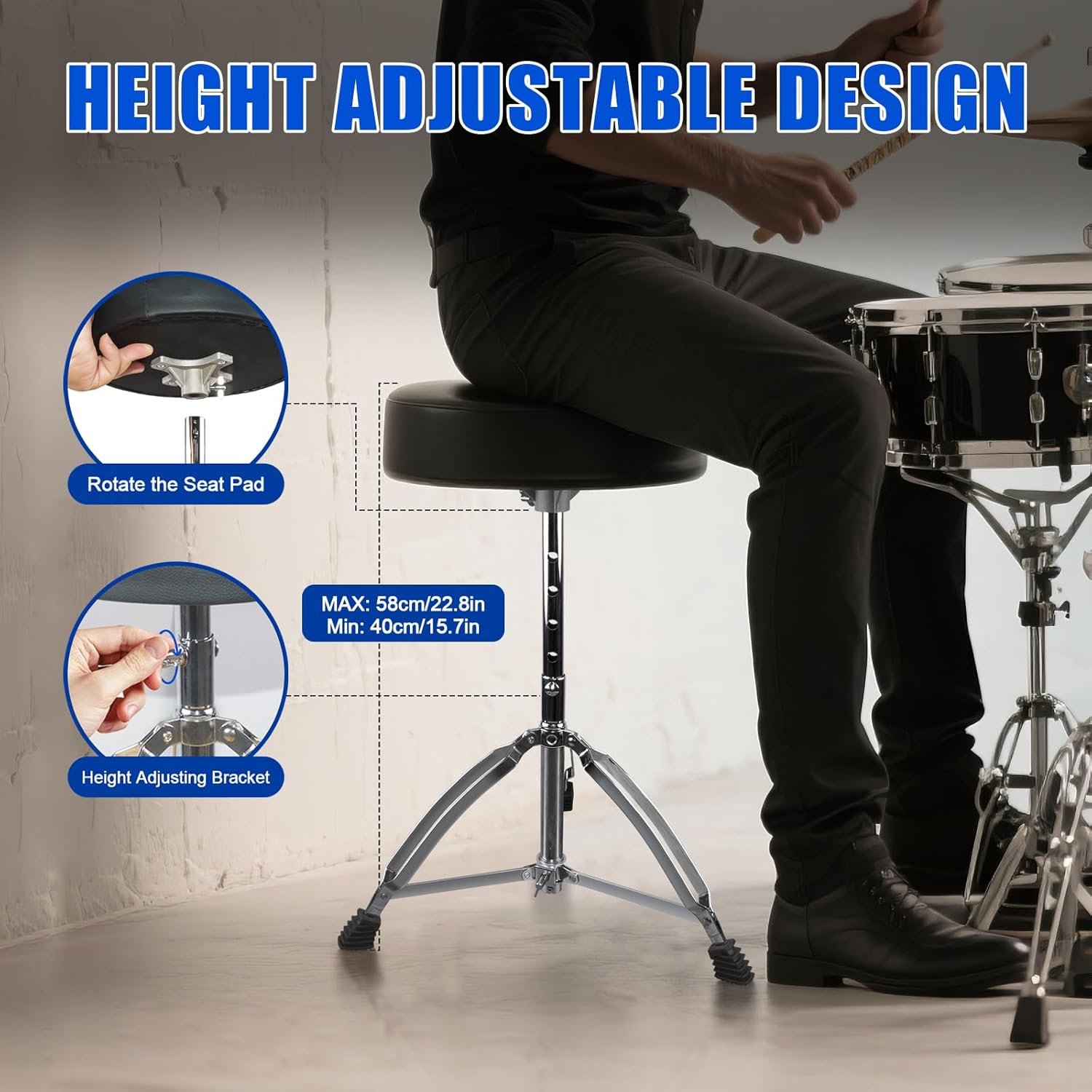 Yazoni Drum Throne Heavy Duty - 40-58Cm Height Adjustable, Padded Seat Drummer Stool, Drum Seat with 2 Packs 5A Drumsticks Double Braced Anti-Slip Feet, 360&deg; Swivel Guitar Chairs for Kid and Beginner image number 1