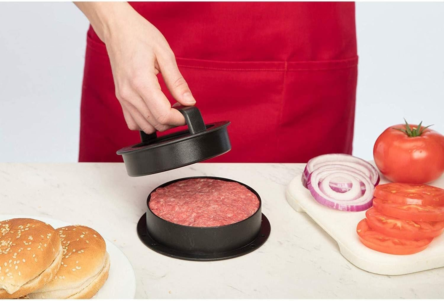 Burger Press 3 in 1 Non Stick Kitchen Barbecue Tool - Black Plastic round Patty Maker image number 5