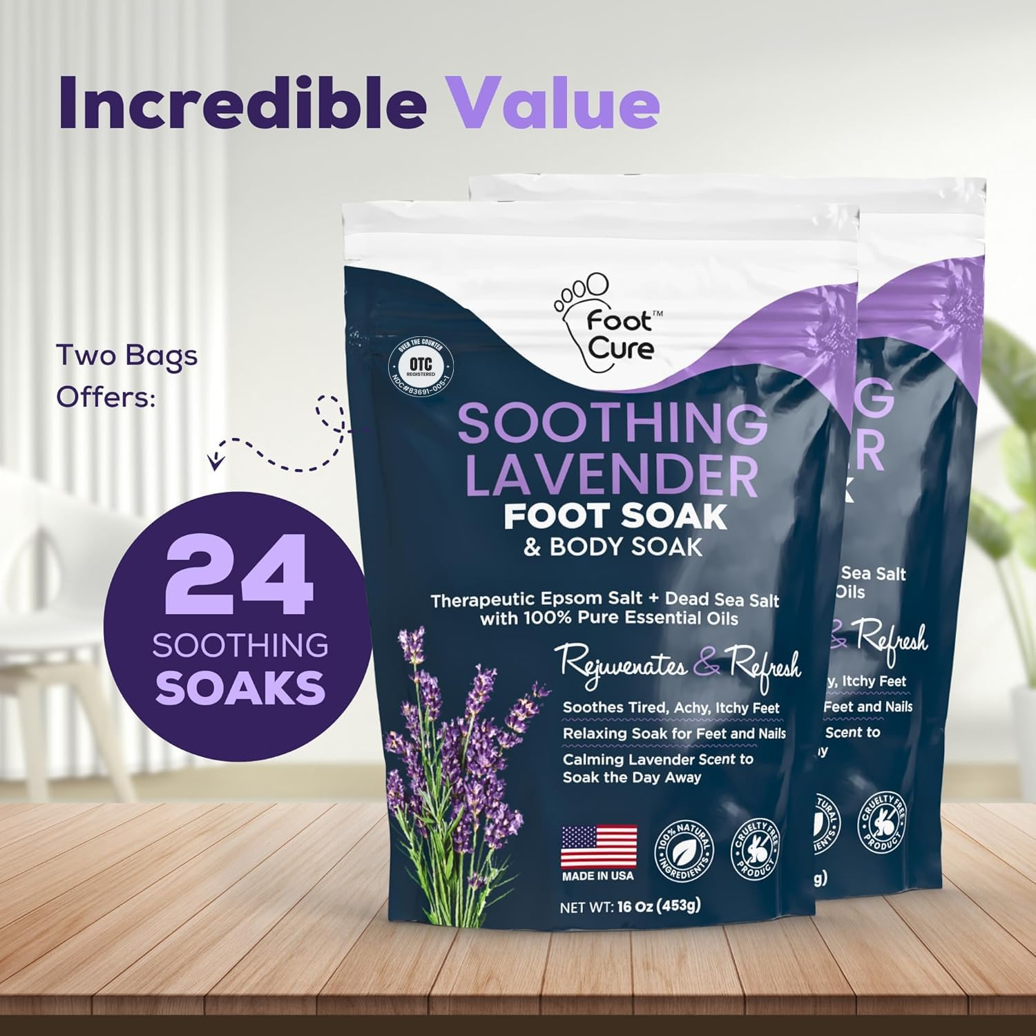 FOOT CURE Soothing Lavender Soak with Epsom Salt, Made in USA, Soak Soothes Sore Tired Feet, Athletes , Stubborn Odor, Softens Calluses & Helps Treat Toenail, 16 Oz,2 Pack image number 4