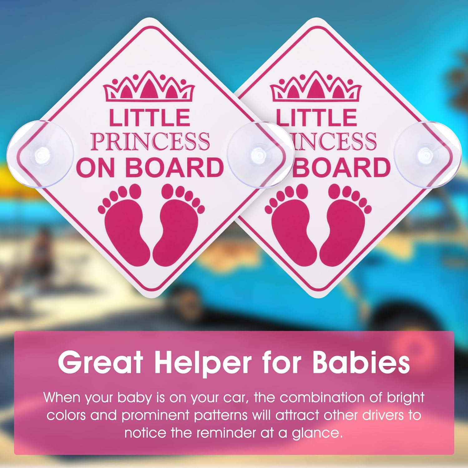 Amabro Little Princess on Board Warning Signs, 2Pcs 5" X 5" Safety Car Bumper Sticker with Double Suction Cups, Reusable Baby in Car Decal, Pink image number 2