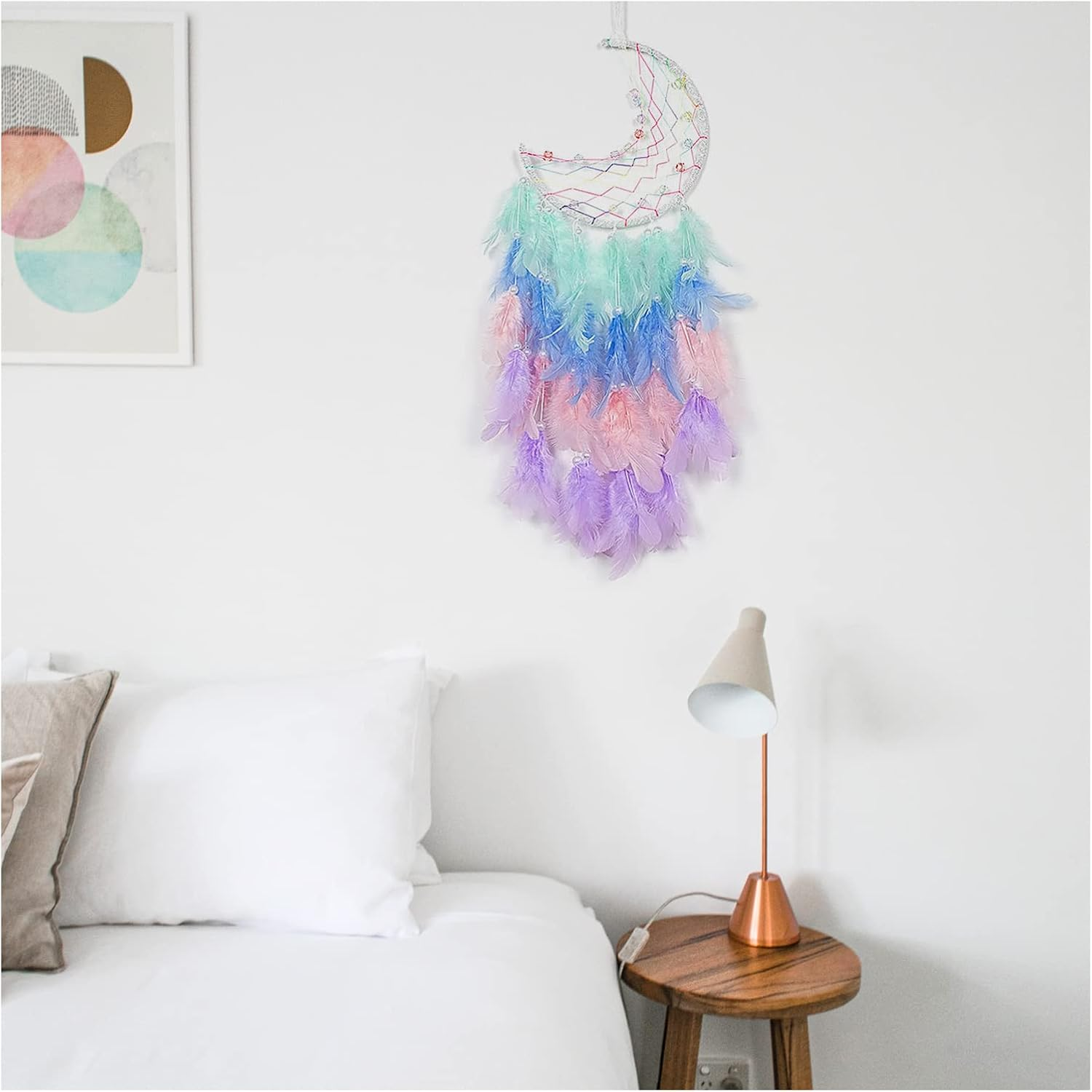 Funincrea Dream Catcher Half Moon Dream Catcher with Feathers Handmade Indian Style Wall Hanging for Living Room Bedroom Dorm (Green) - Blue image number 7
