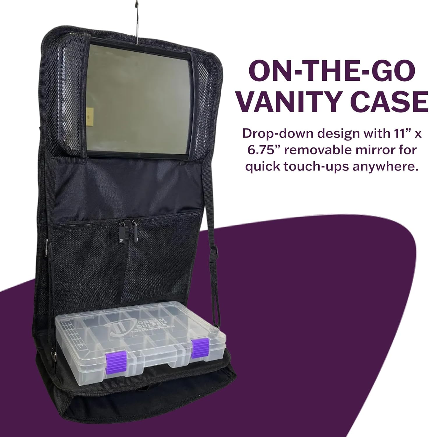 Dream Duffel Attitude Hanging Accessory Case, Black Makeup & Hair Organiser with Mirror, Travel Toiletry Storage Bag