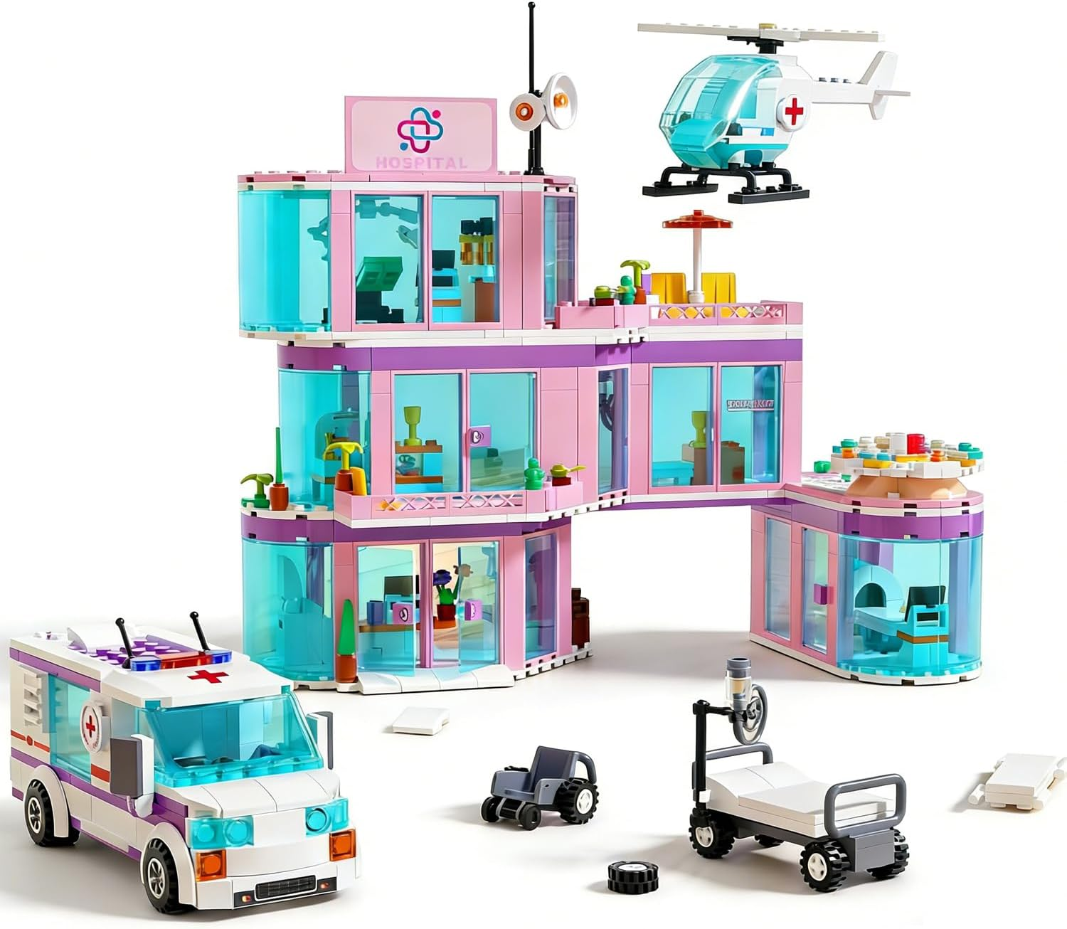 Toy Player Pink Girls City Hospital Building Block Set, Compatible with , Includes Rescue Helicopter, Trailer and Carrier, STEM Gifts for 6-12+ Years Old Boys Girls (791 Pieces) image number 3