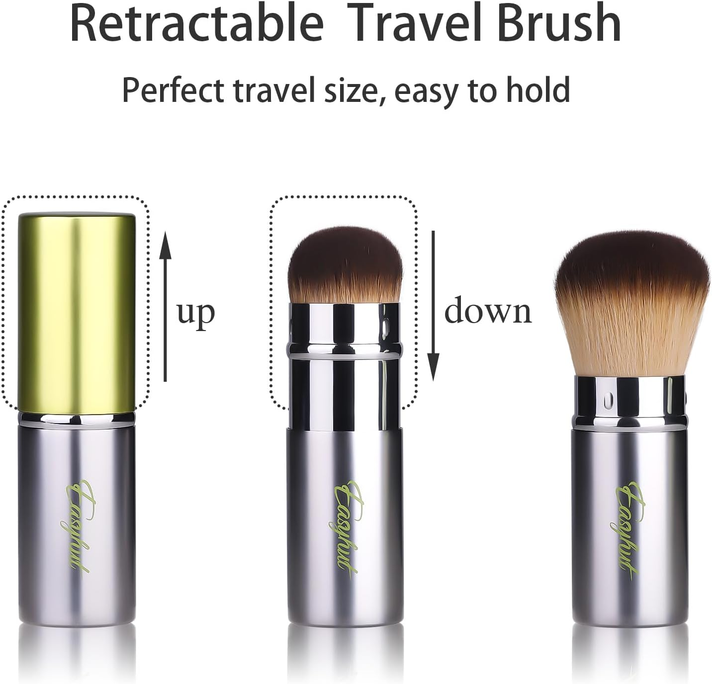 Retractable Kabuki Makeup Brushes 2 Pcs Blush Brushes Set Portable Powder Brushes with Flat and Angled Top for Liquid Cream Cosmetics Travel. (Silver Green) image number 3