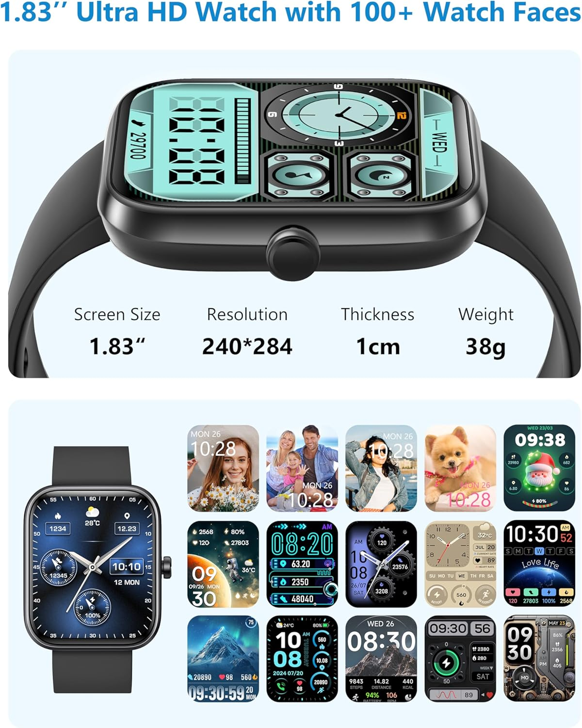 Smart Watch, 1.83" Smartwatch Women Men Answer Make Calls, Alexa Fitness Watch, IP68 Waterproof Fitness Tracker Watch, Heart Rate Monitor, 100+ Sports Pedometer Watch, Timer for Android & Ios Phone image number 5