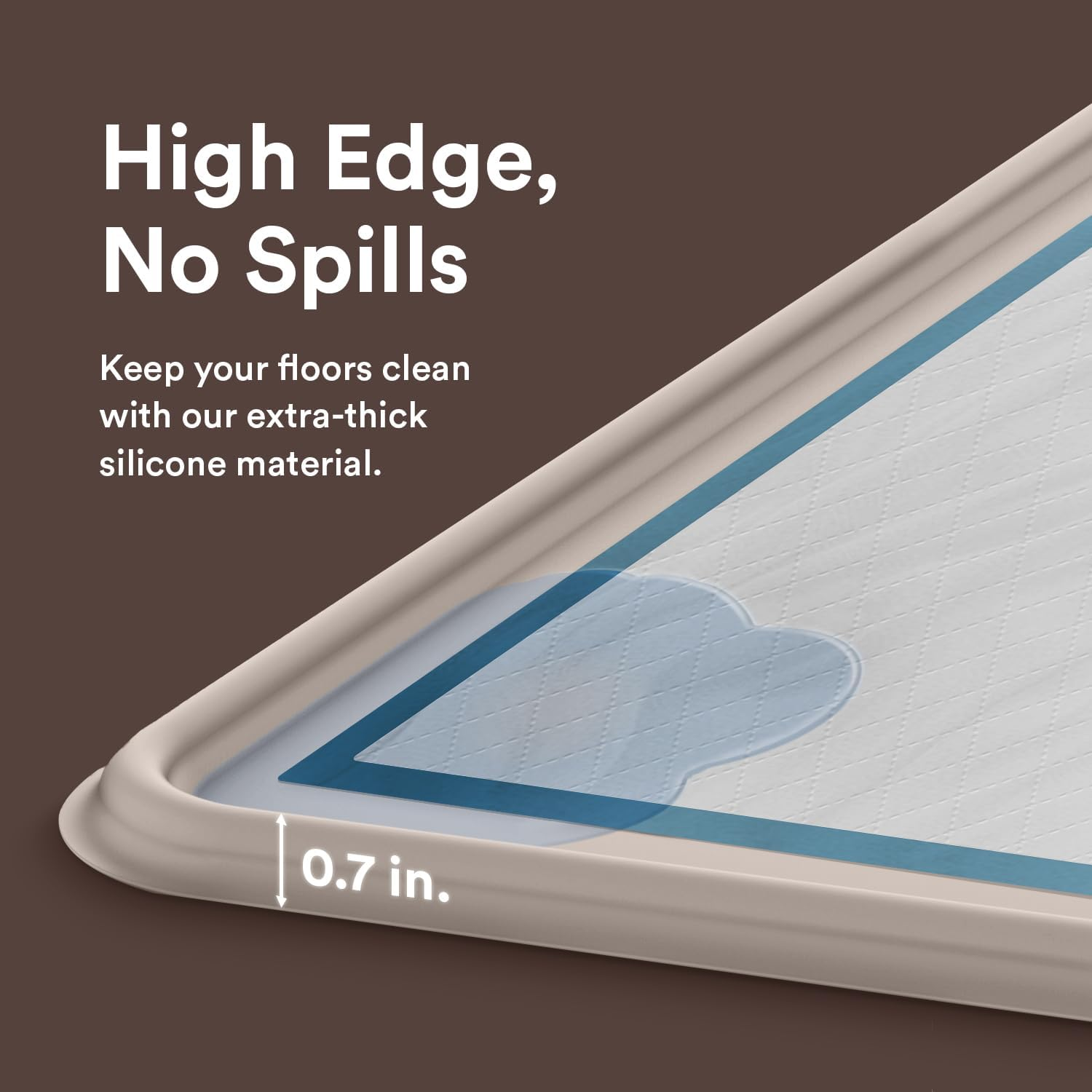 Pee Pad Tray Holder for Dogs - No Spill Raised Lip High Edge Silicone Mat, Extra Thick and Non-Slip for Indoor Floor Protection, Fits up to 25 X 25 In. Square Potty Training Pads (Large, Beige) | Eenk image number 7