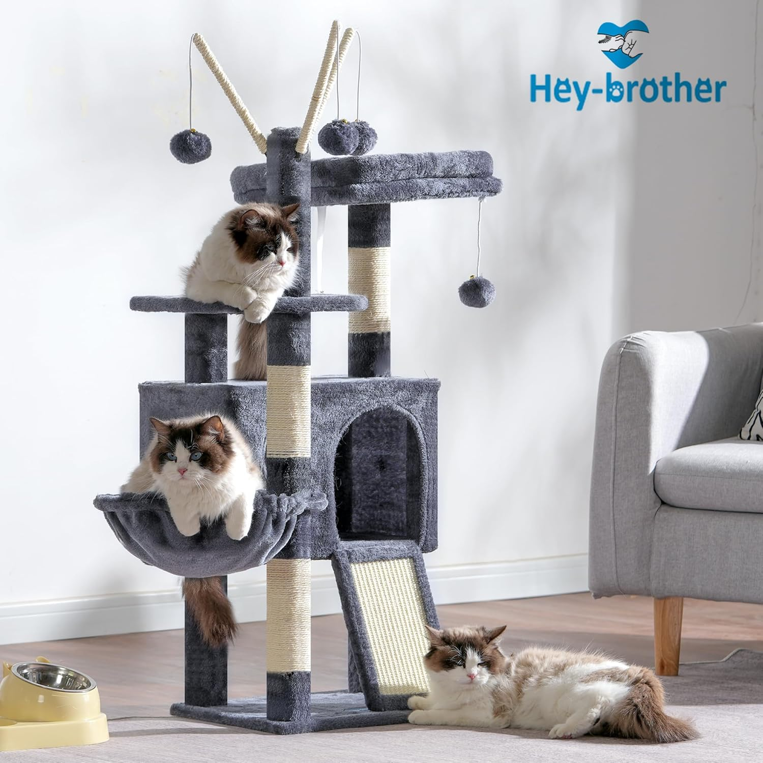 Hey-Brother Cat Tree Tower, Scratching Posts with Removable Toys, Cozy Condo, Platform, Hammock, Sisal Scratch Board and Ball for Indoor Kittens, 105 Cm, Smoky Gray MPJ008SG - Smoky Grey image number 4