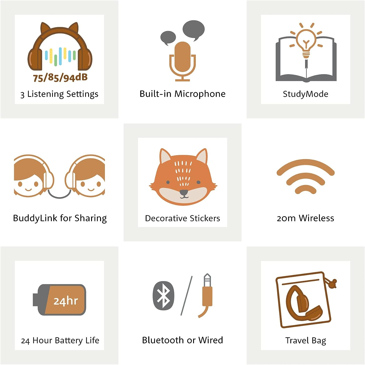 Buddyphones Playears+ Wireless Bluetooth Headphones,20M Wireless Range, Volume-Limit Settings of 75,85,94Db and Studymode Includes Backup Cable for Sharing (Fox Brown)