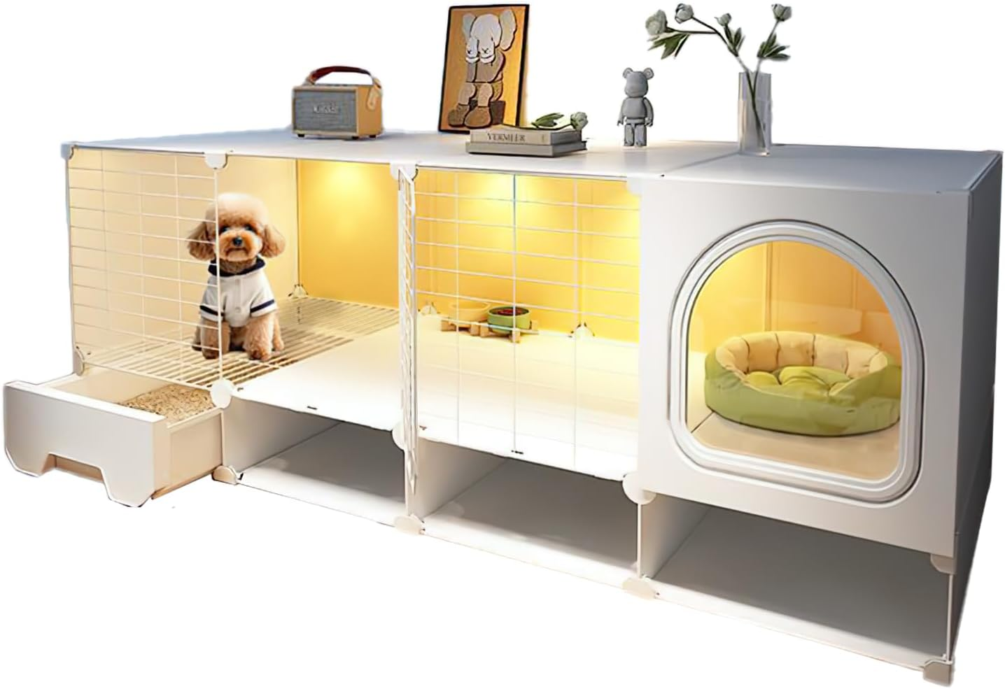 XXYSPT Cat Cage Cat House for Indoor Cats and Small Dogs, 2-Tier Large Enclosure with Litter Area, Storage, Cozy Bed Space, Transparent Panels & Top Fence, Modern White, 140X45X52Cm (55X17.7X20.5In) image number 1