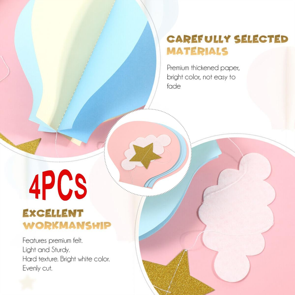 4 Pcs Cloud Hot Air Balloon Hanging Ornaments for Wedding,Birthday,3D Paper Decoration for Party (Hot Air Balloon) image number 3