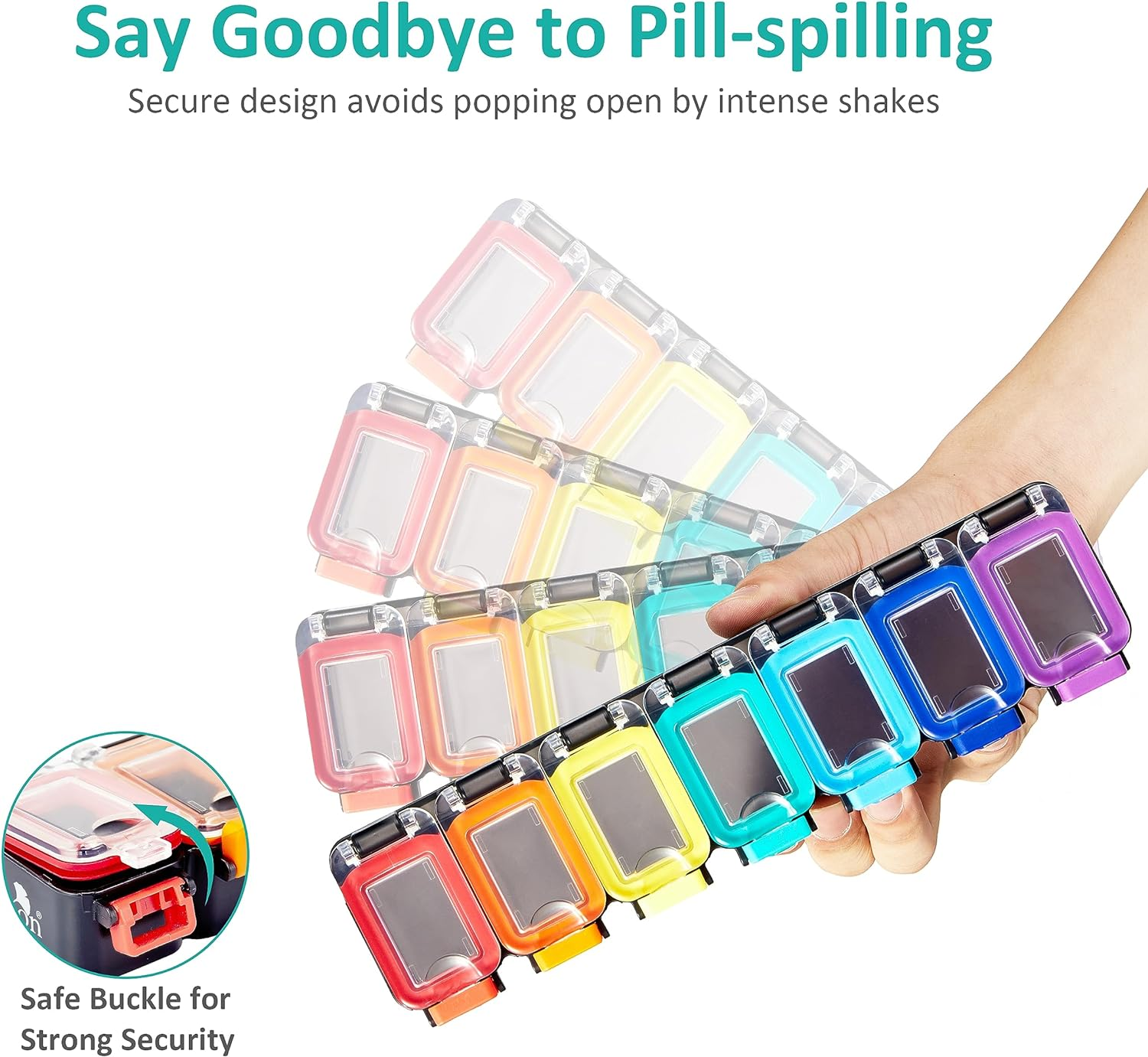 Fullicon Weekly Pill Organizer 7 Day Ultra Moisture and Spill Proof Daily Pill Box, Large Medicine Case with Secure Buckle, Compact Travel Pill Container for Pill, Vitamin, & Fish Oil (Rainbow Black) - Rainbow Clear image number 7