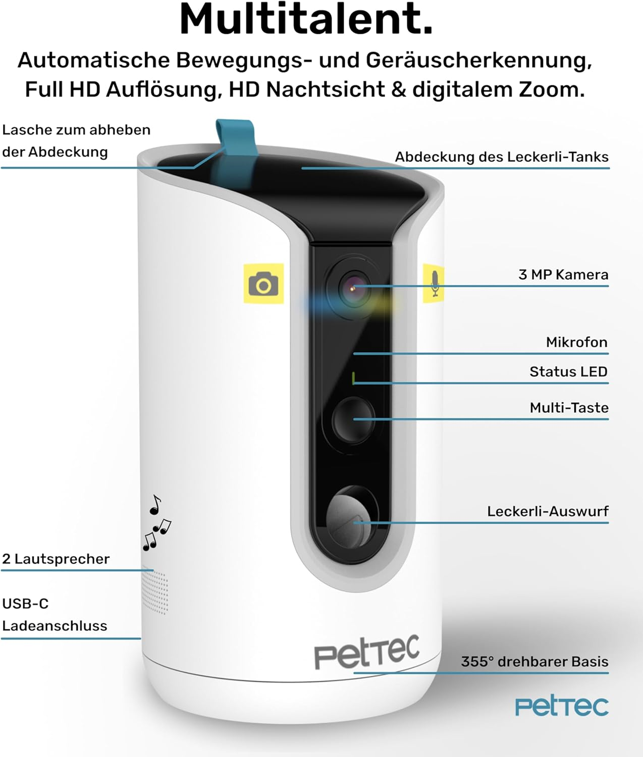 Pettec&reg; Pet Camera 360&deg; and Automatic Feeder with Treat Ejection - via App & Multi Button - Bark Detection - 3MP Night Vision Function - Dog Camera & Cat Camera image number 3