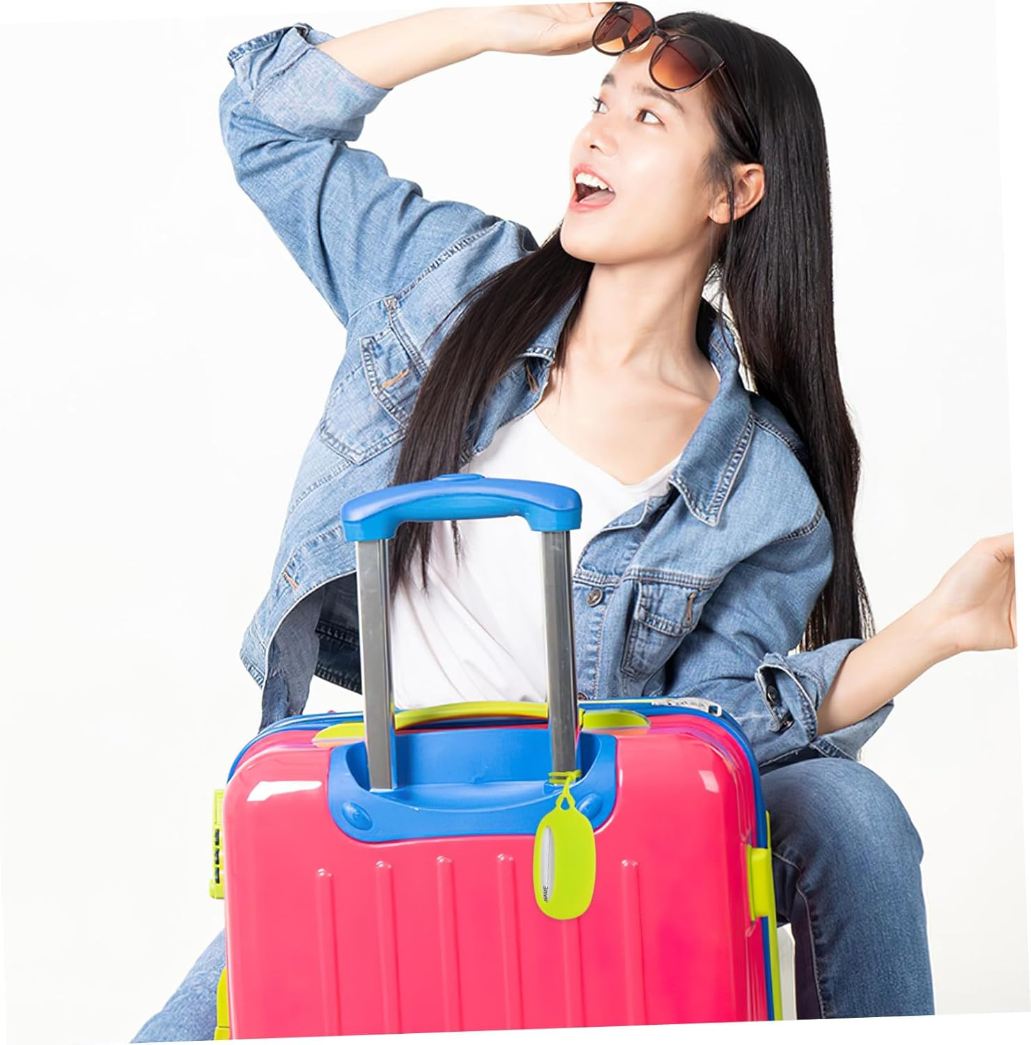 POPETPOP Silicone Luggage Tags 3Pcs Yellow Green Set Travel Suitcase Name Tags Flexible Sturdy Identification for Suitcases and Strollers image number 3